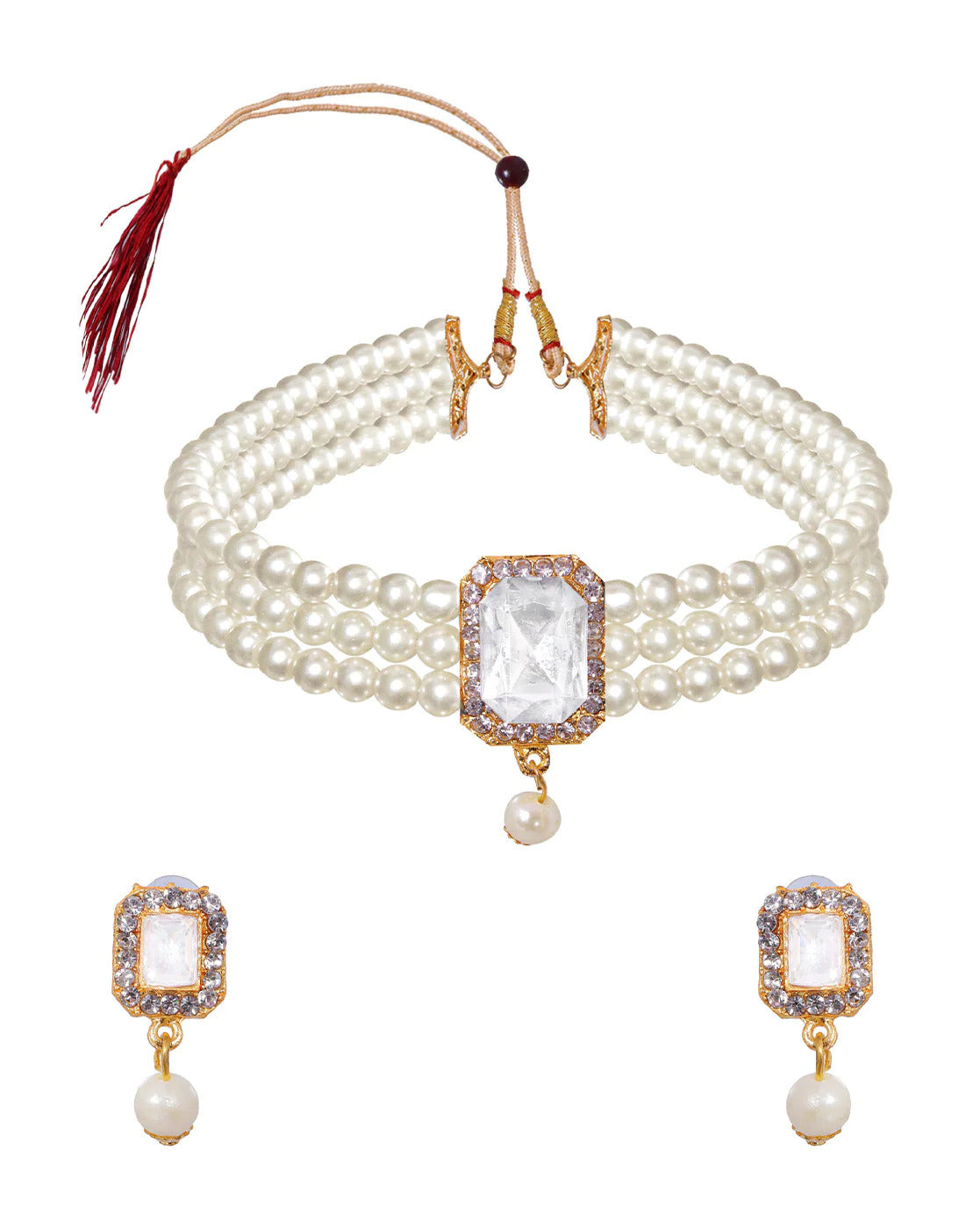 Women's Attractive White Pearls With White Stone Choker  - Zaffre Collections