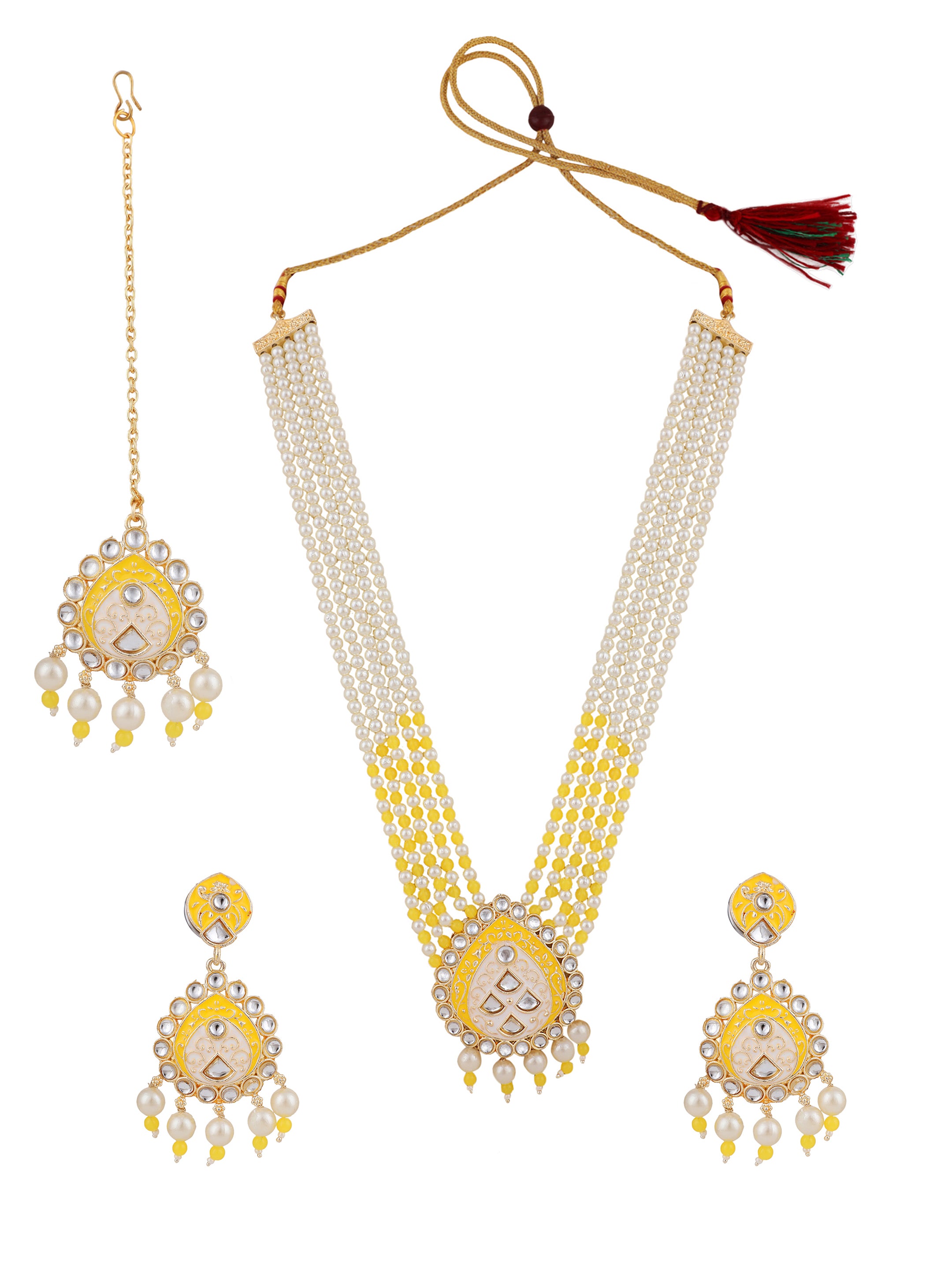Women's Wedding Wear Yellow Pearl Necklace Set With Maang Tikka - Zaffre Collections