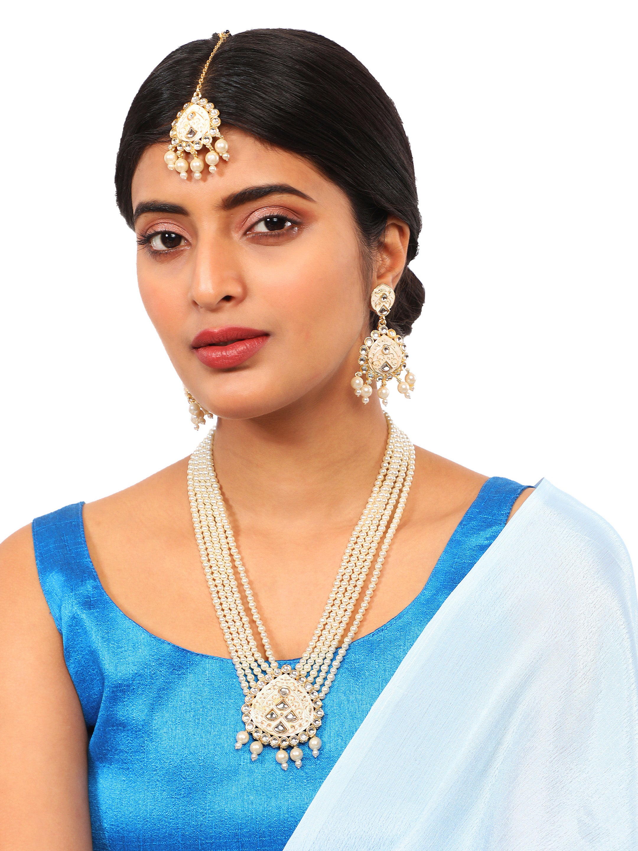 Women's Wedding Wear White Pearl Necklace Set With Maang Tikka  - Zaffre Collections