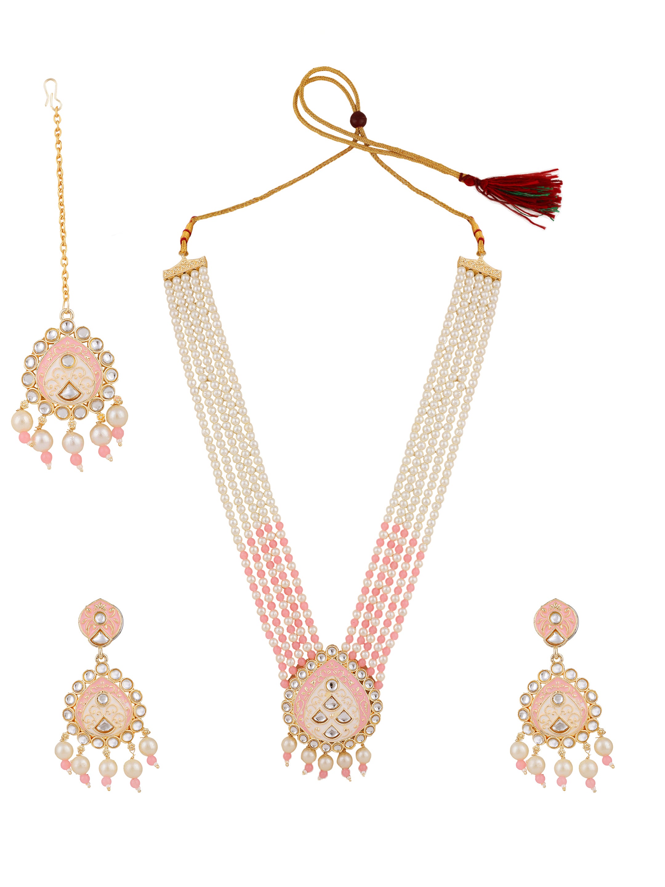 Women's Wedding Wear Pink Pearl Necklace Set With Maang Tikka  - Zaffre Collections