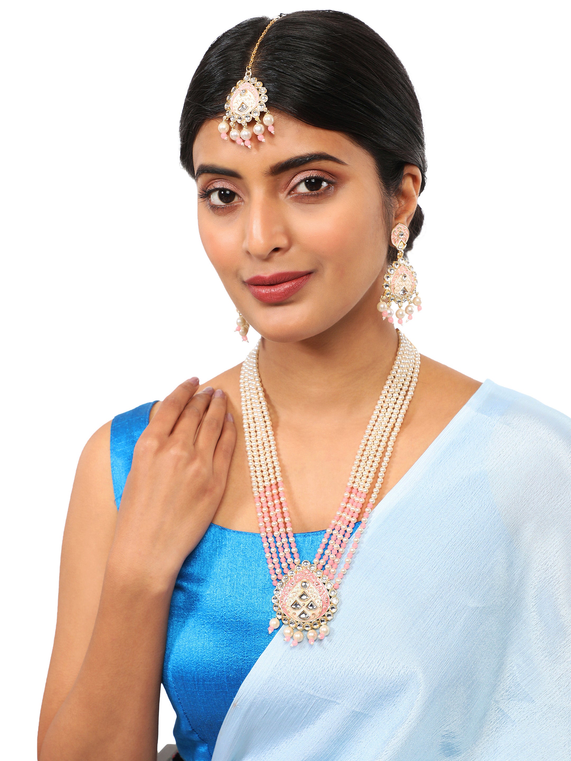 Women's Wedding Wear Pink Pearl Necklace Set With Maang Tikka  - Zaffre Collections