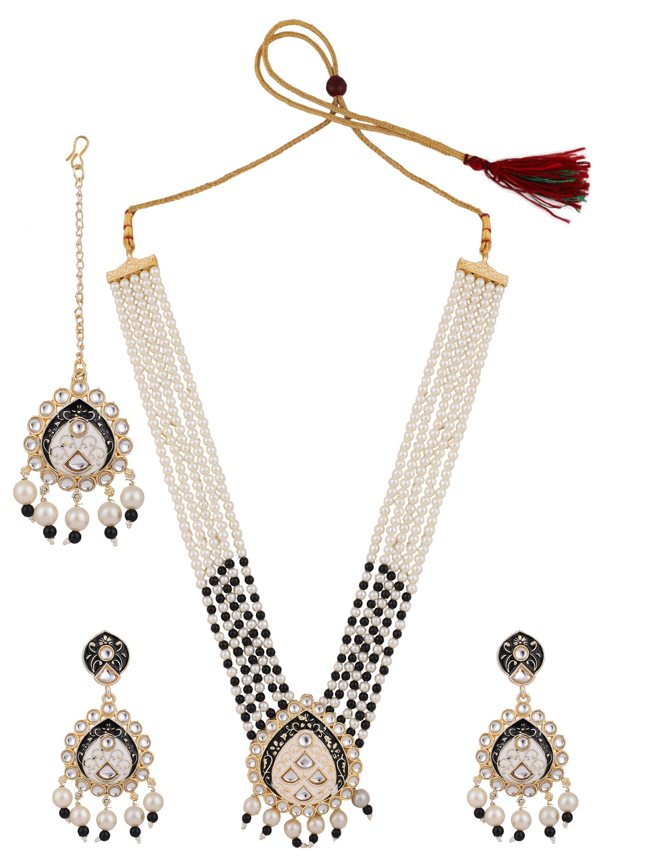 Women's Wedding Wear Black Pearl Necklace Set With Maang Tikka  - Zaffre Collections