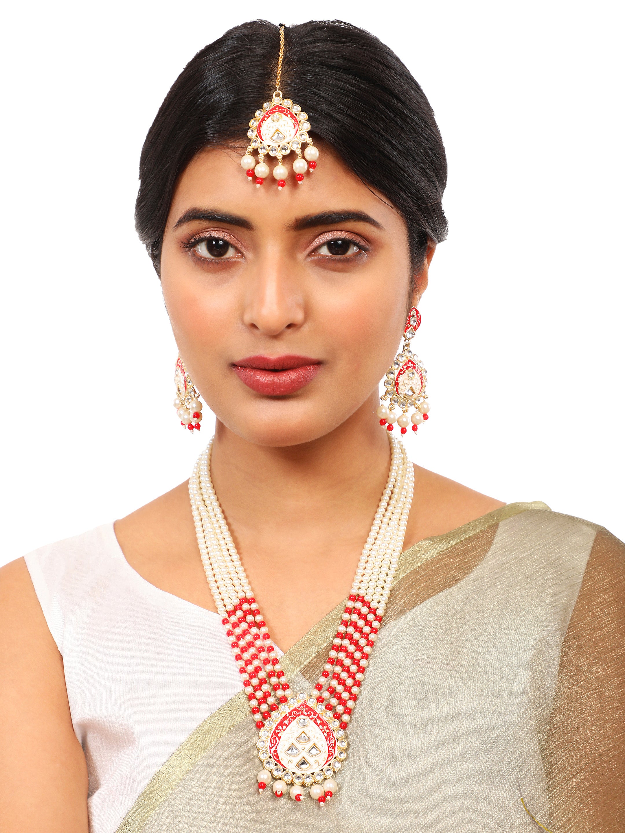 Women's Wedding Wear Red Pearl Necklace Set With Maang Tikka  - Zaffre Collections