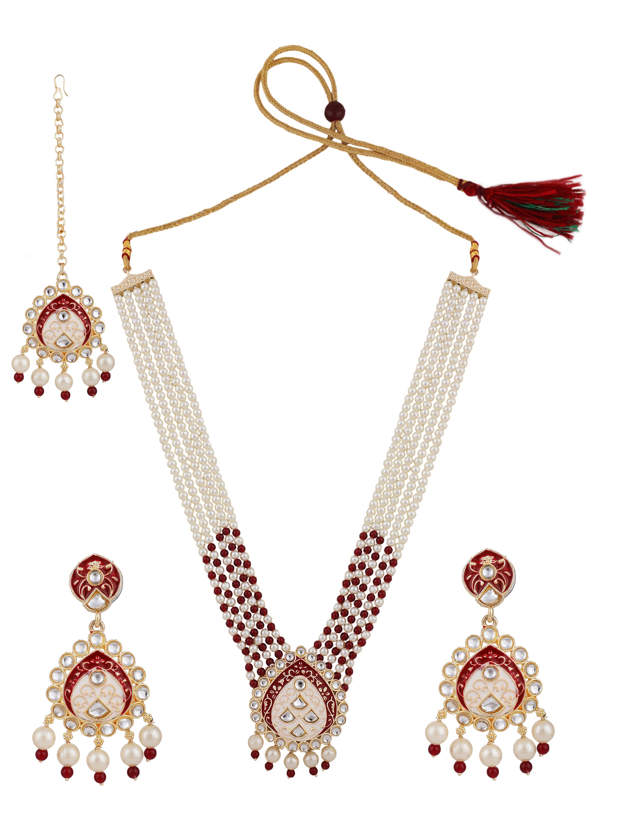 Women's Wedding Wear Maroon Pearl Necklace Set With Maang Tikka  - Zaffre Collections