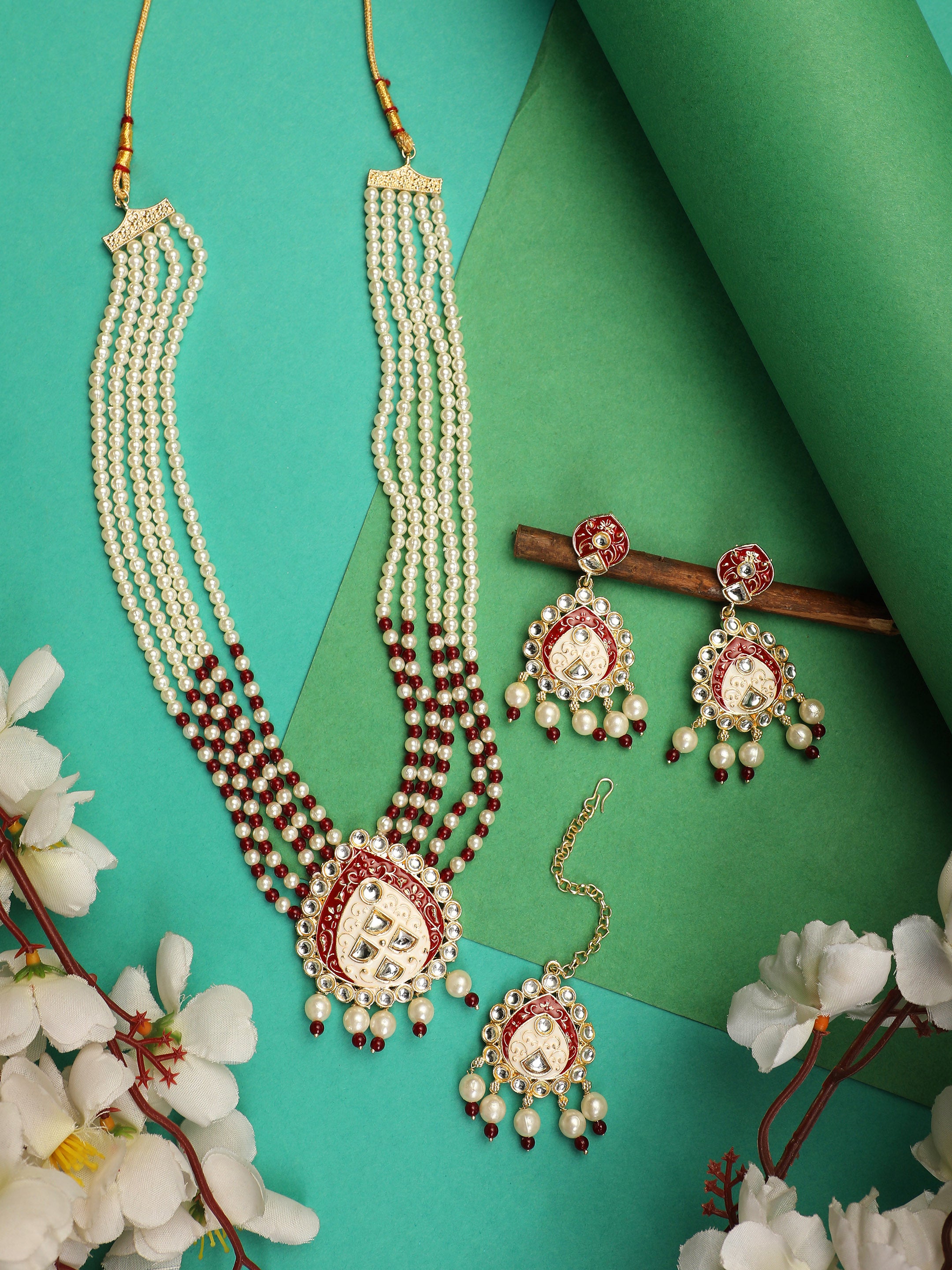 Women's Wedding Wear Maroon Pearl Necklace Set With Maang Tikka  - Zaffre Collections