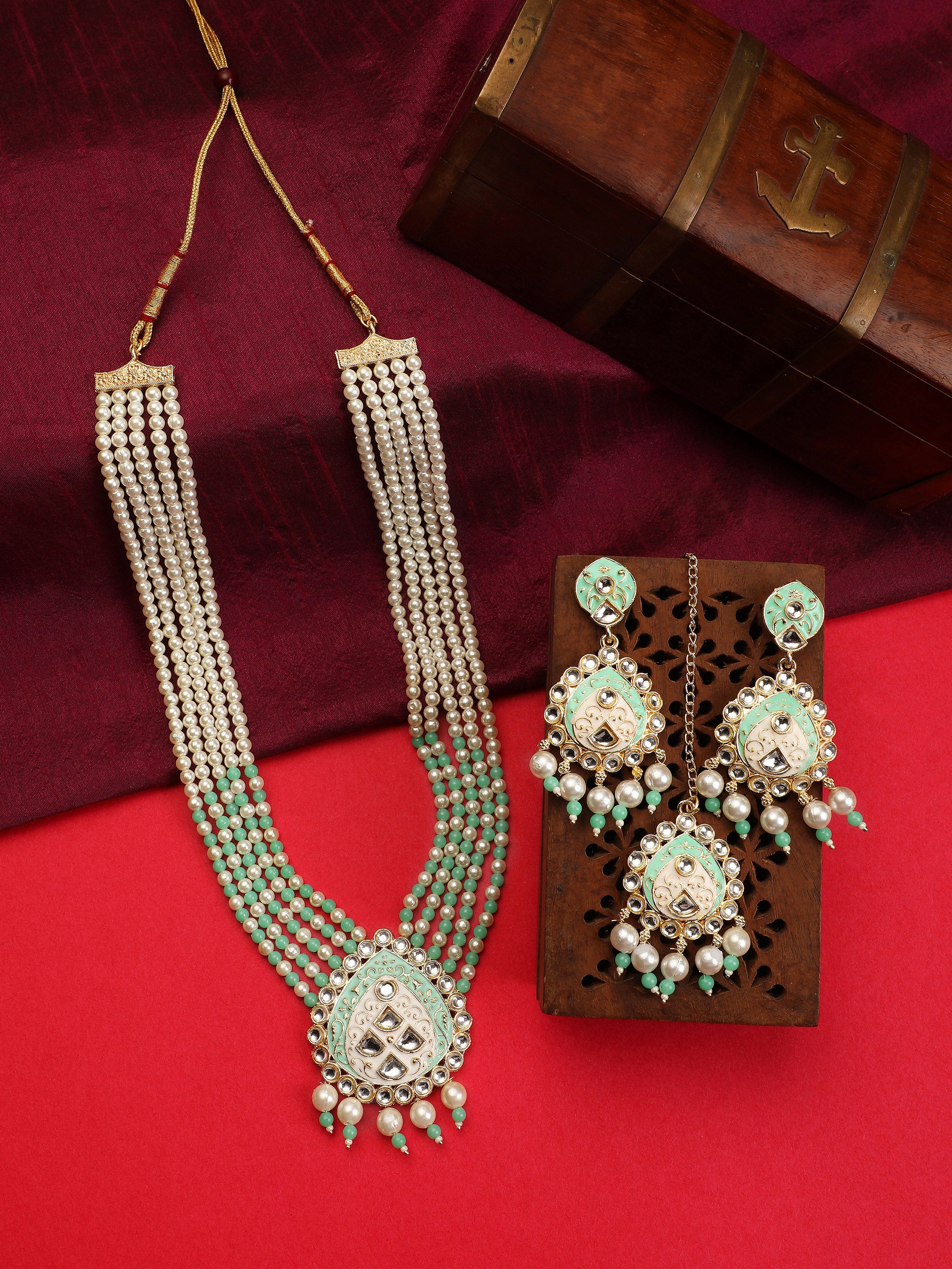 Women's Wedding Wear Sea Green Pearl Necklace Set With Maang Tikka  - Zaffre Collections