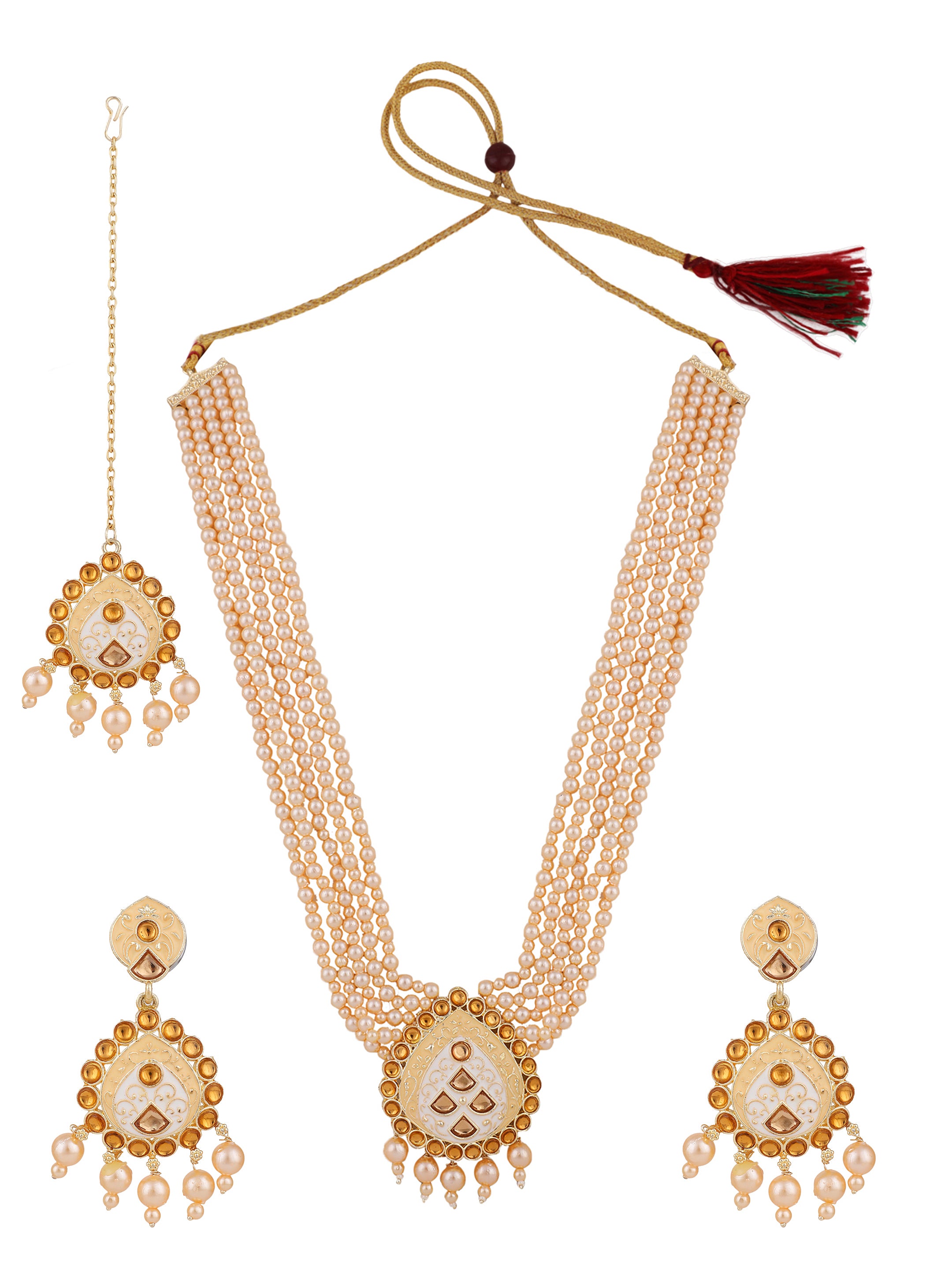Women's Wedding Wear Gold Pearl Necklace Set With Maang Tikka  - Zaffre Collections