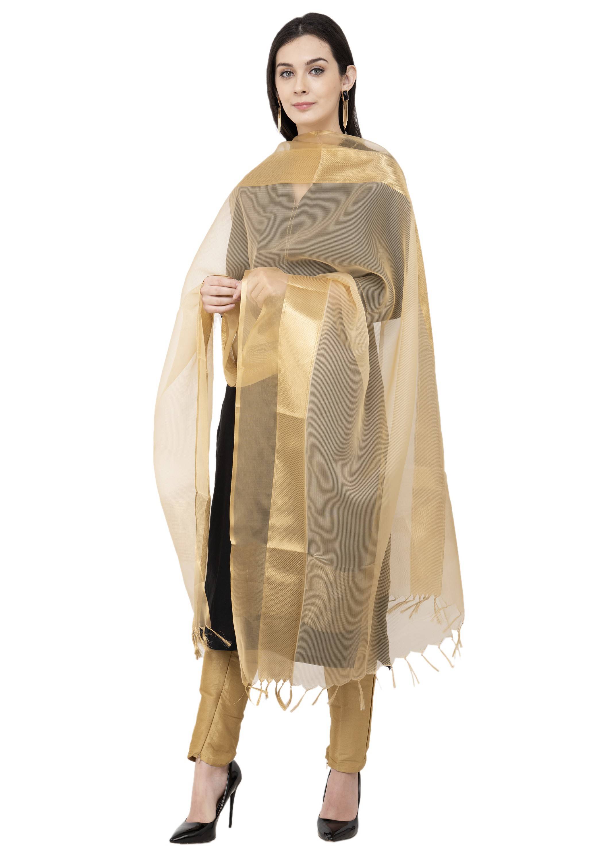A R SILK VNS Tissue Zari Fancy Dupatta Golden Color Dupatta or Chunni