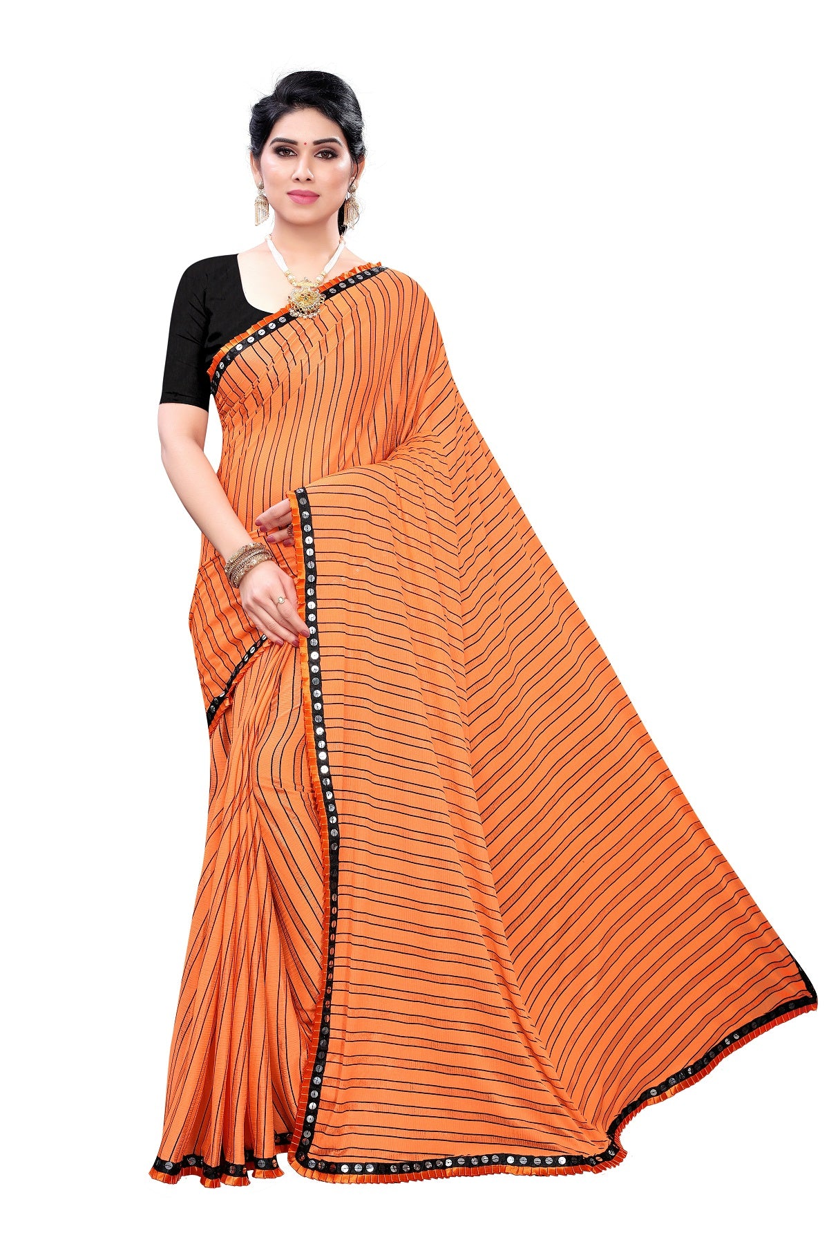 Women's Orange Malai Silk Printed Saree - Vamika