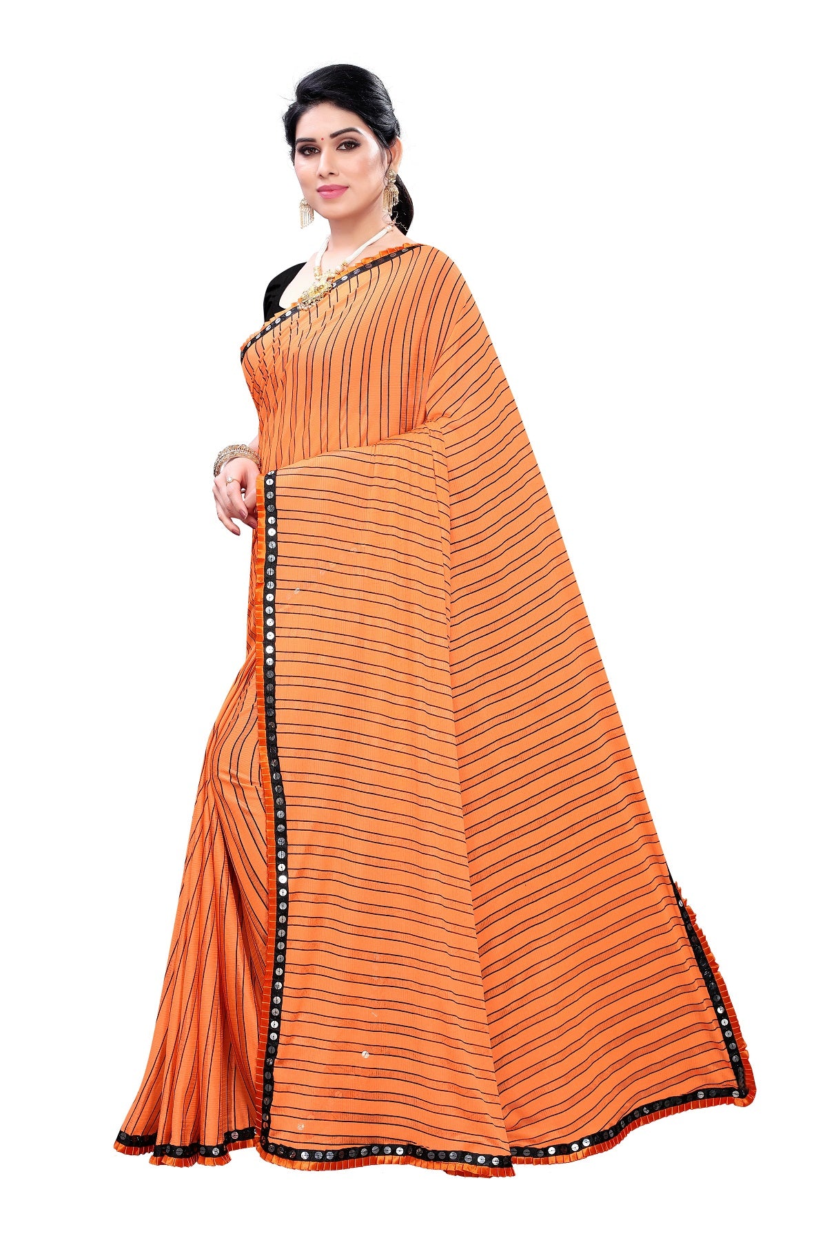 Women's Orange Malai Silk Printed Saree - Vamika