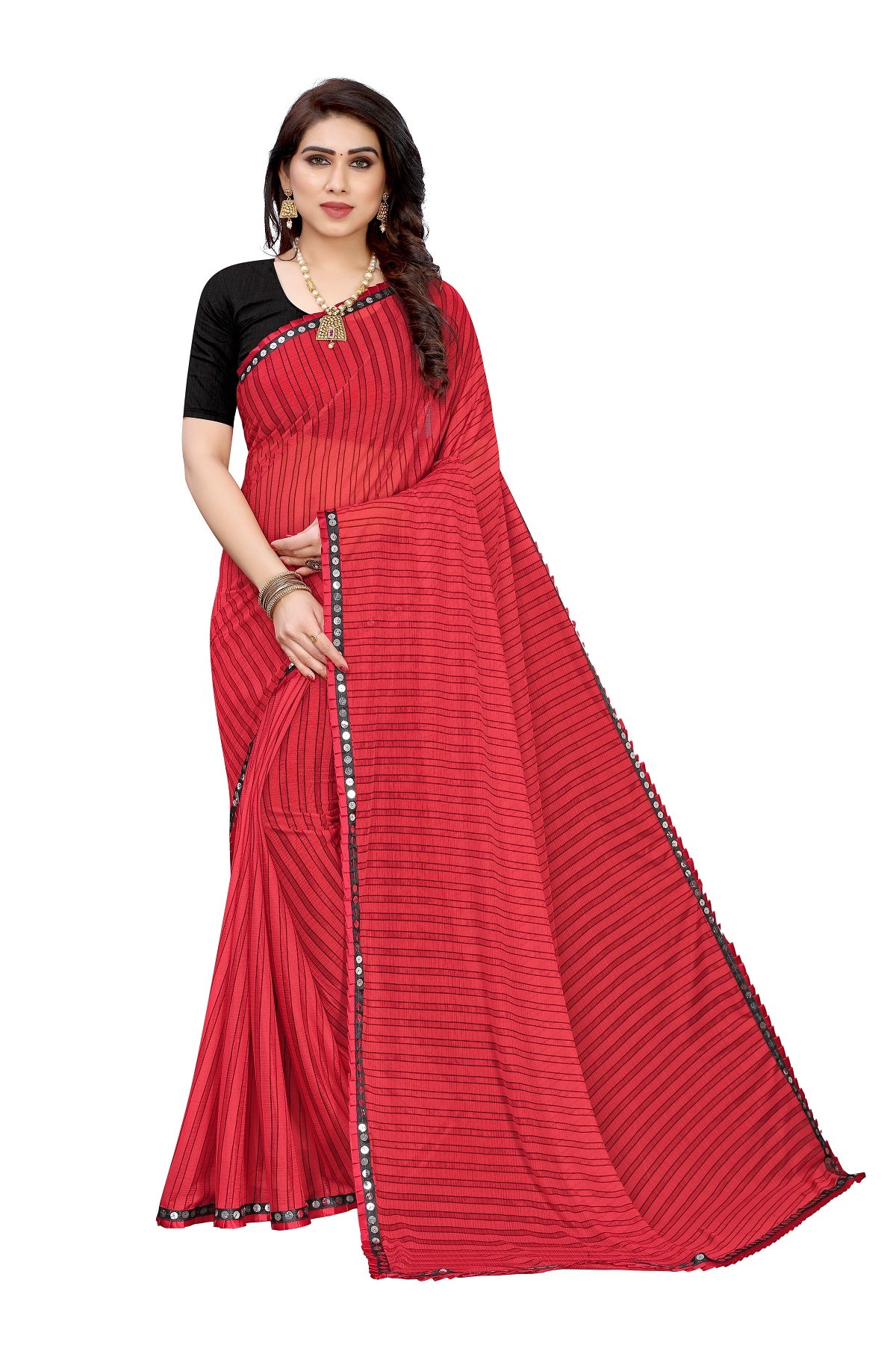 Women's Red Malai Silk Printed Saree - Vamika