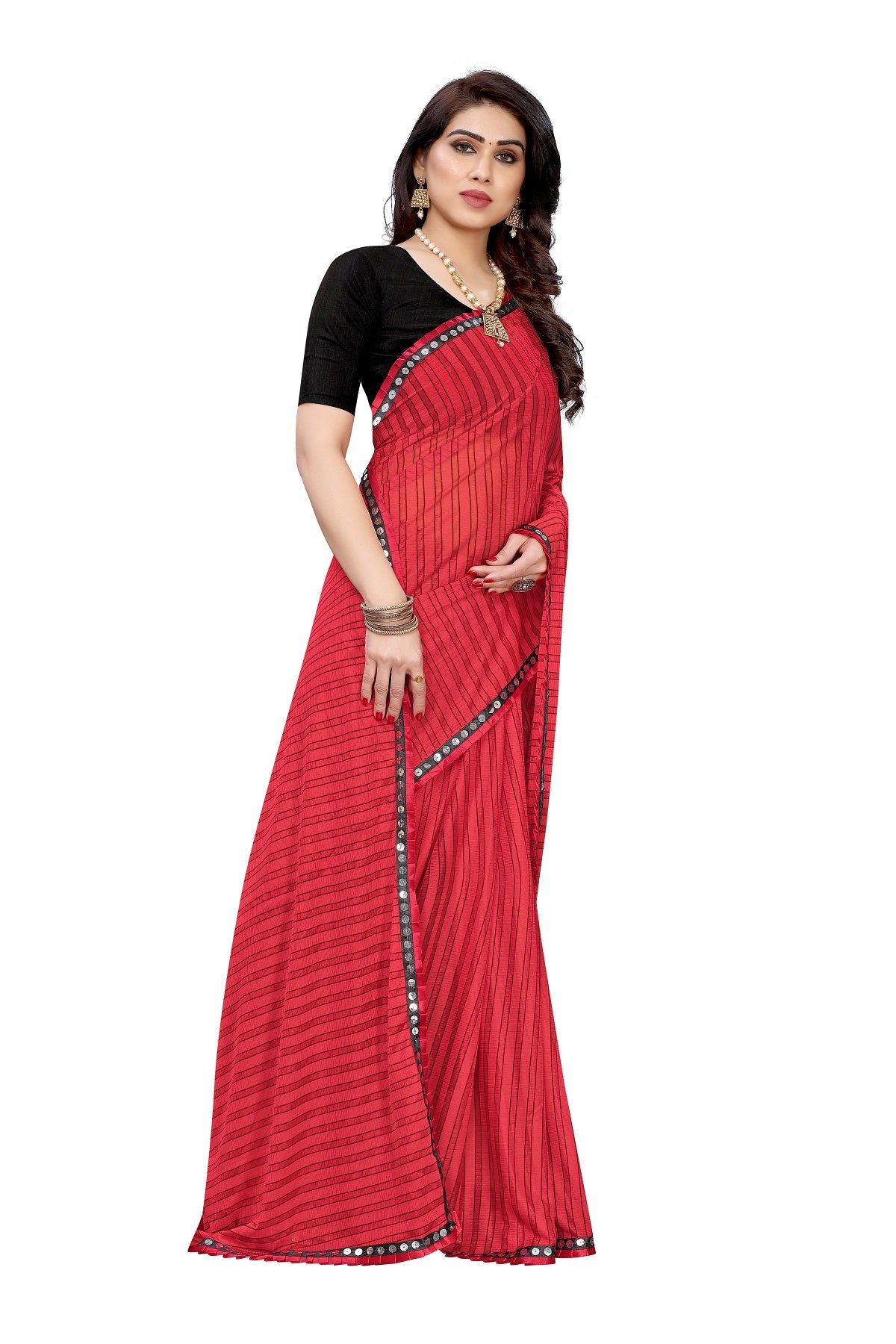 Women's Red Malai Silk Printed Saree - Vamika