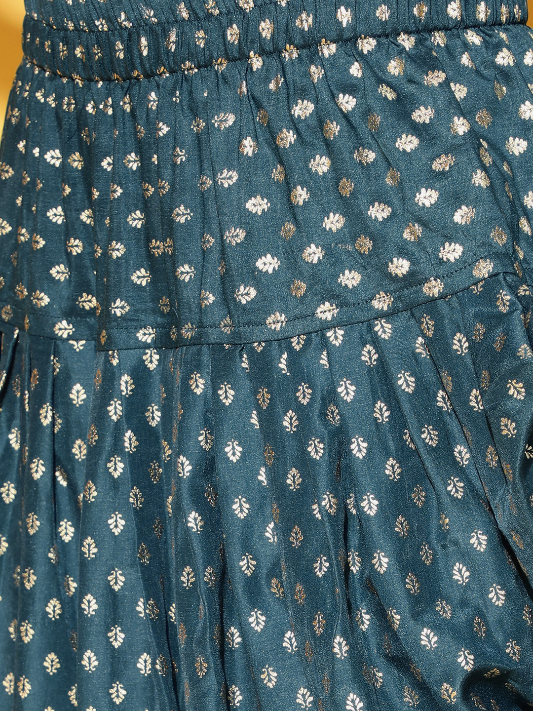 Women's Teal Blue Color Foil Print Straight Kurta And Dhoti Pant Set - Ziyaa