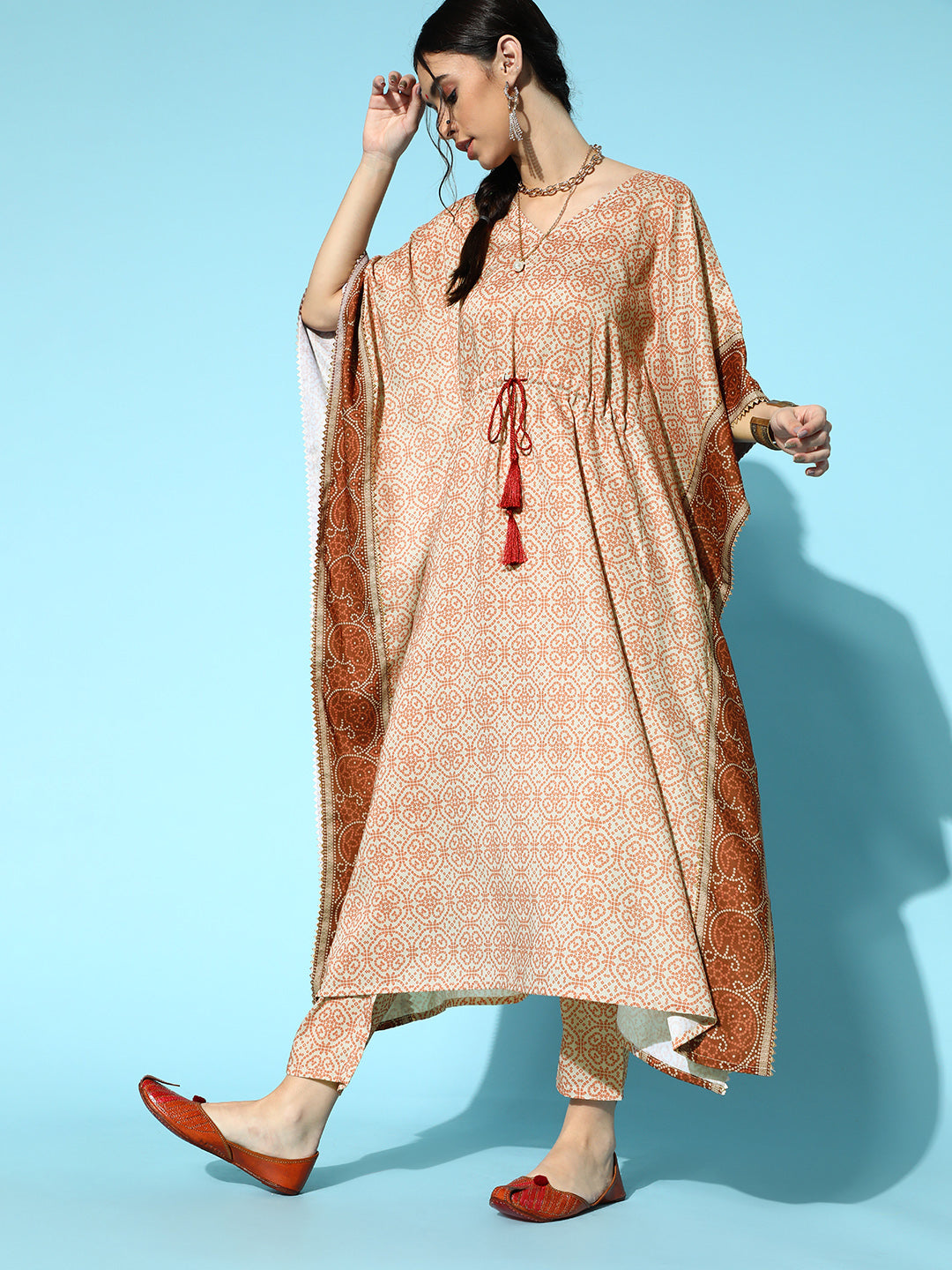 Women Orange Printed Kaftan Kurta and Pant Set by Ziyaa (2 Pc Set)