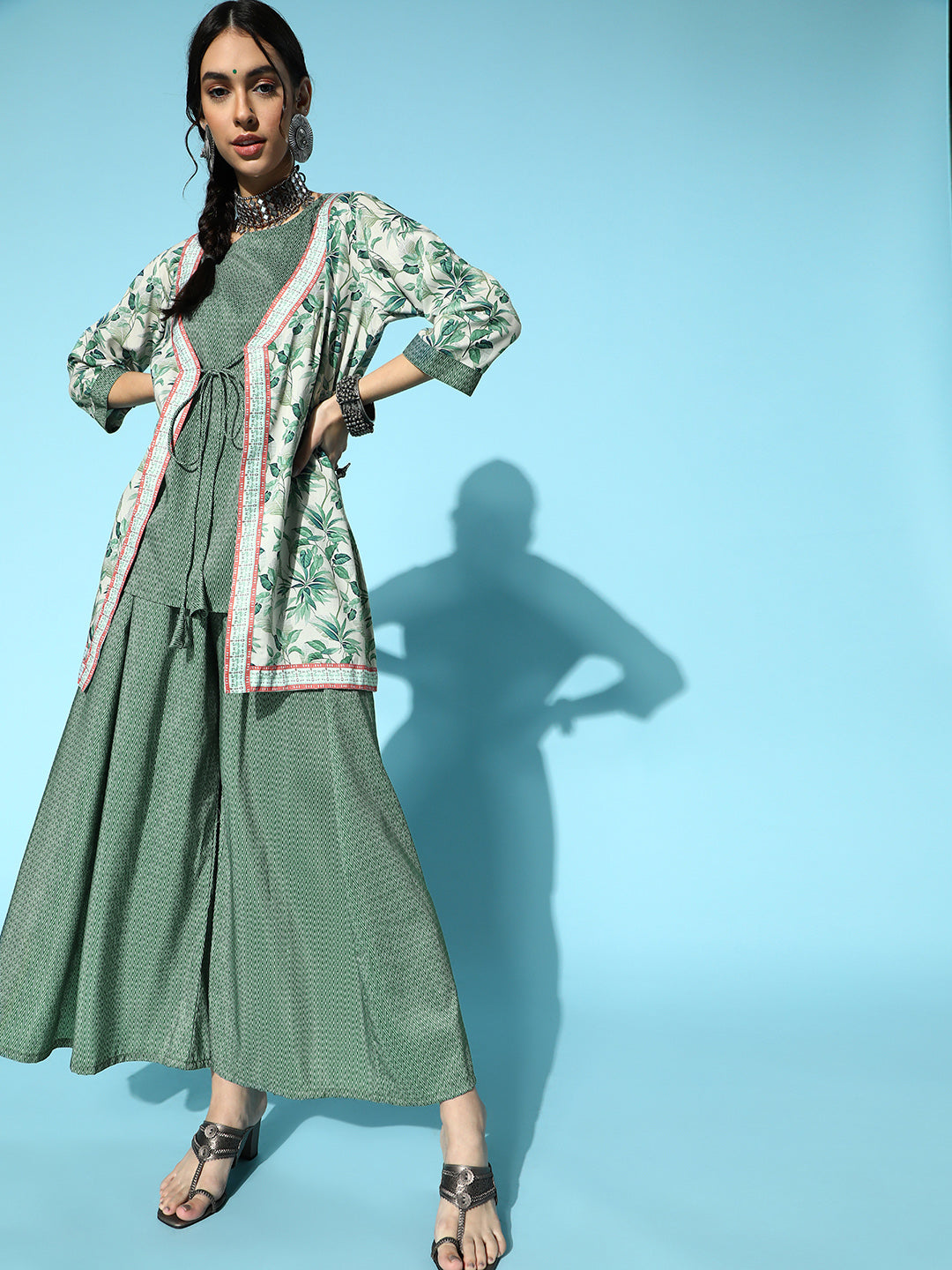 Women Green Jacket, Kurta with Palazzo Set by Ziyaa (3 Pc Set)