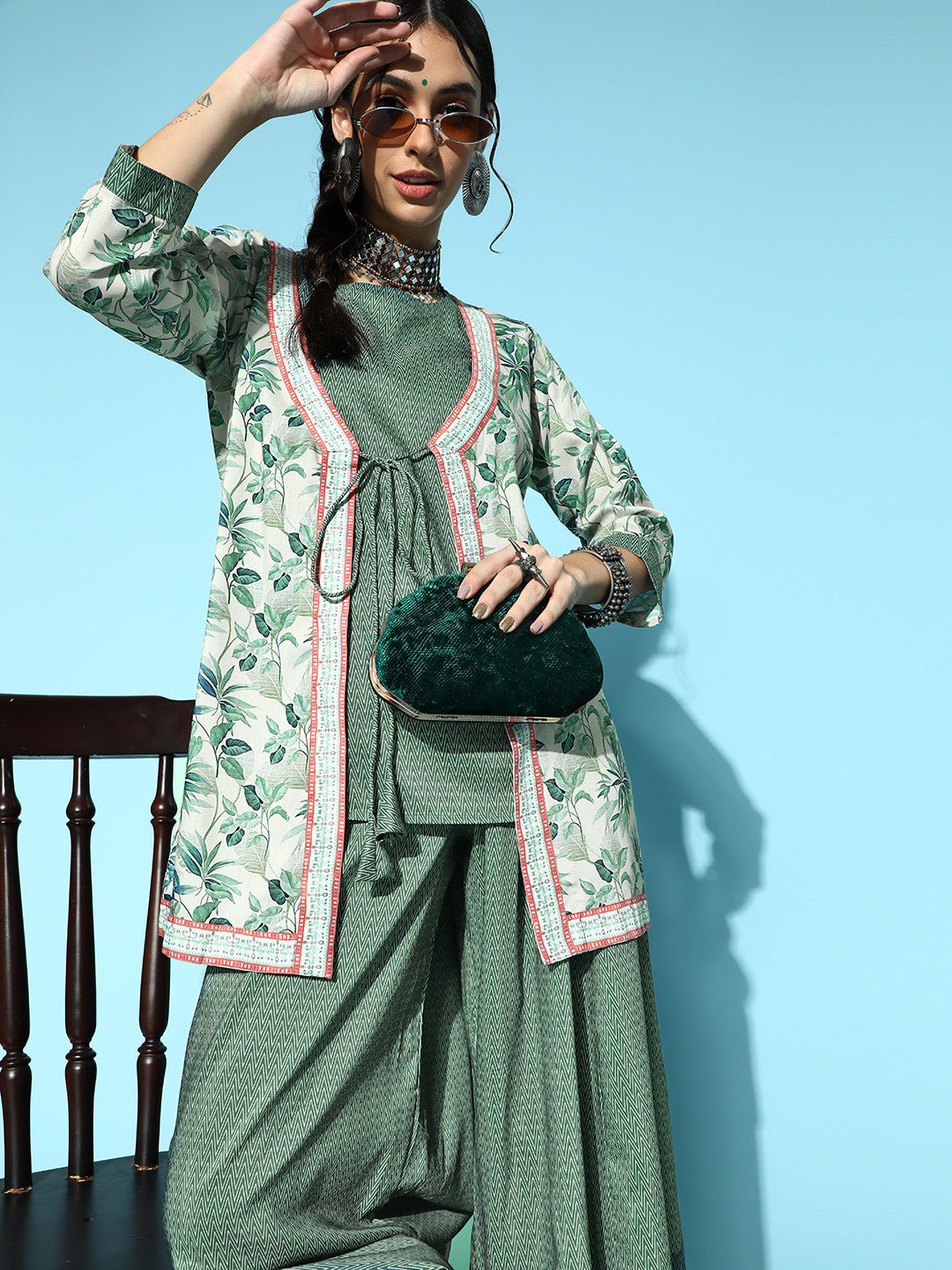 Women Green Jacket, Kurta with Palazzo Set by Ziyaa (3 Pc Set)