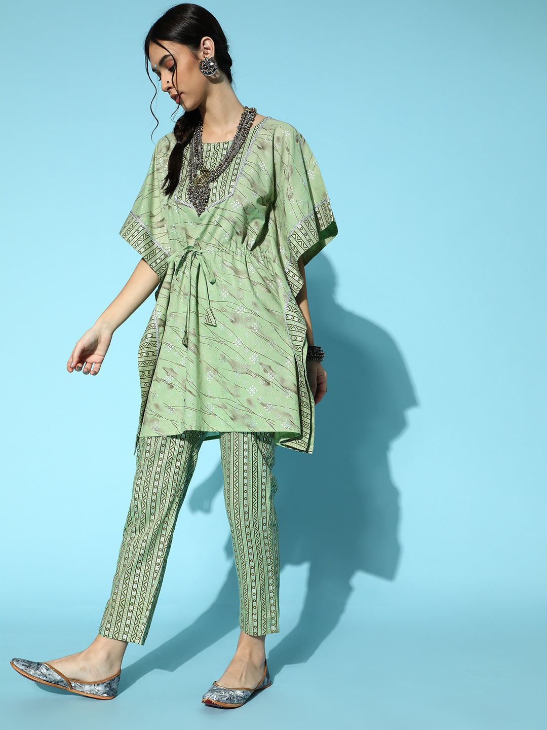 Women's Mint Green Color Foil Print Kaftan Style Kurta And Pant Set - Ziyaa