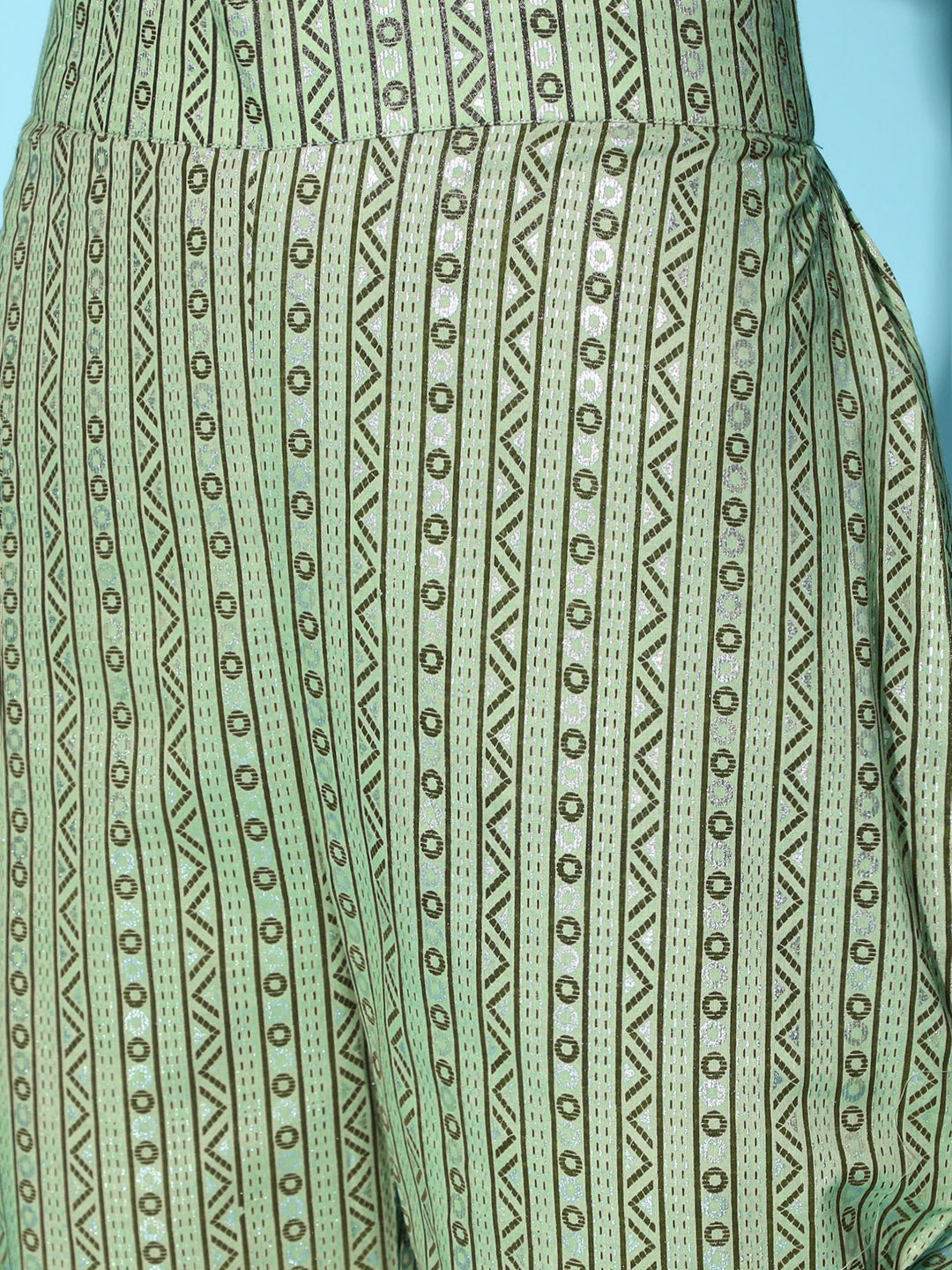 Women's Mint Green Color Foil Print Kaftan Style Kurta And Pant Set - Ziyaa