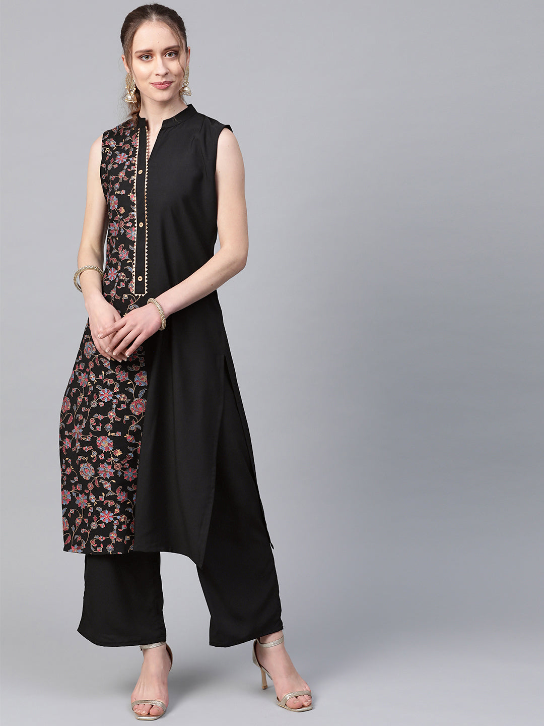 Women’s Black floral print kurta and palazzo set by Ziyaa.- (2pcs set)