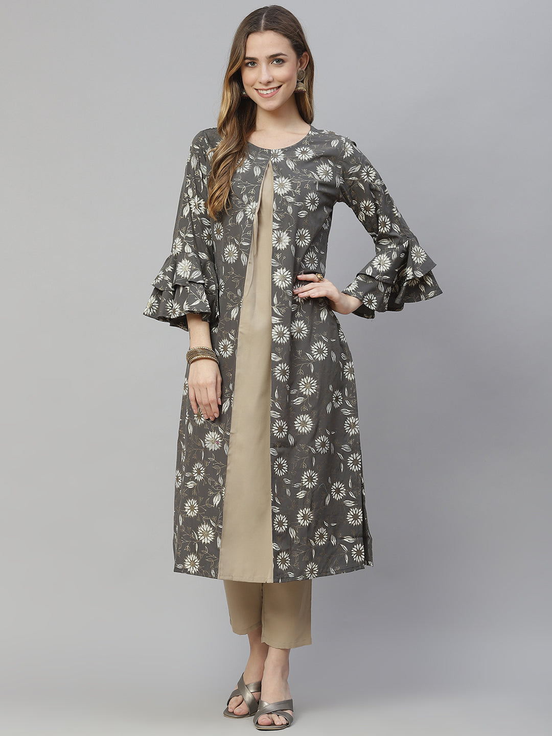 Women’s grey floral printed crepe kurta and pant set by Ziyaa – (2 pcs set)