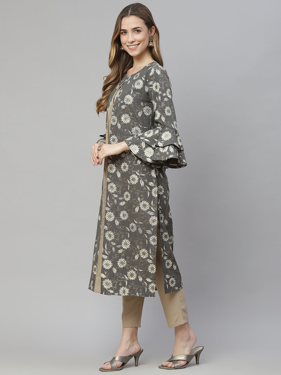 Women’s grey floral printed crepe kurta and pant set by Ziyaa – (2 pcs set)