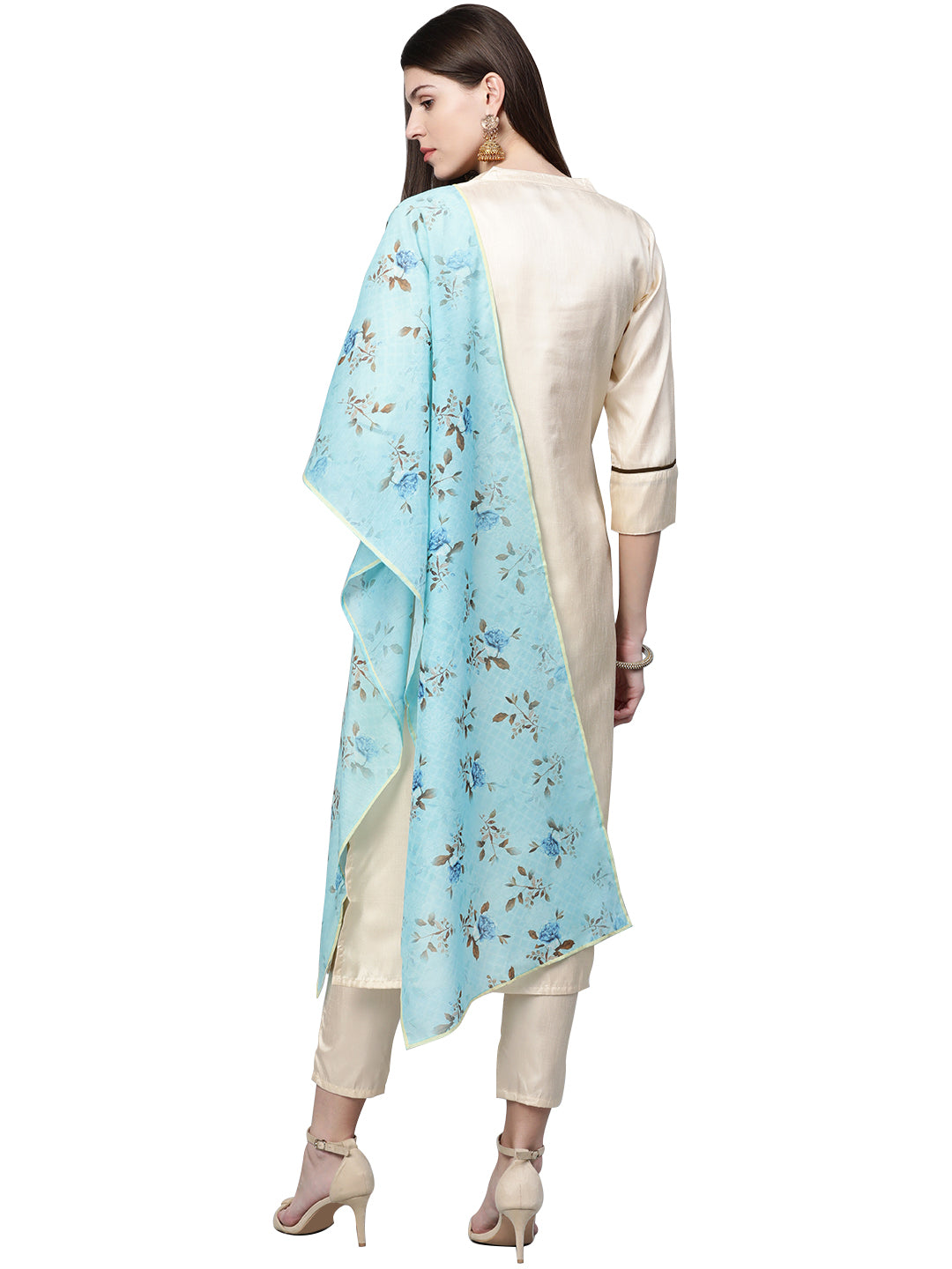 Women Cream Silk Kurta Pant and Dupatta Set by Ziyaa (3 Pc Set)