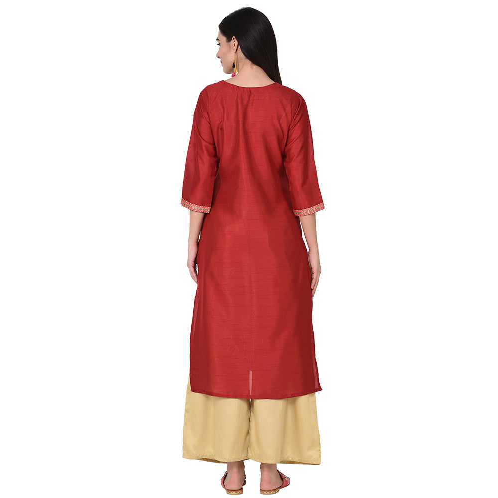 Women's Red Poly Silk Kurta - Ziyaa