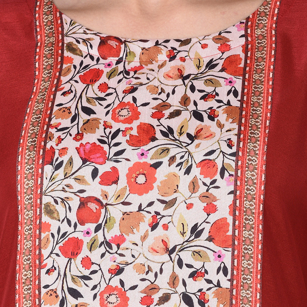 Women's Red Poly Silk Kurta - Ziyaa