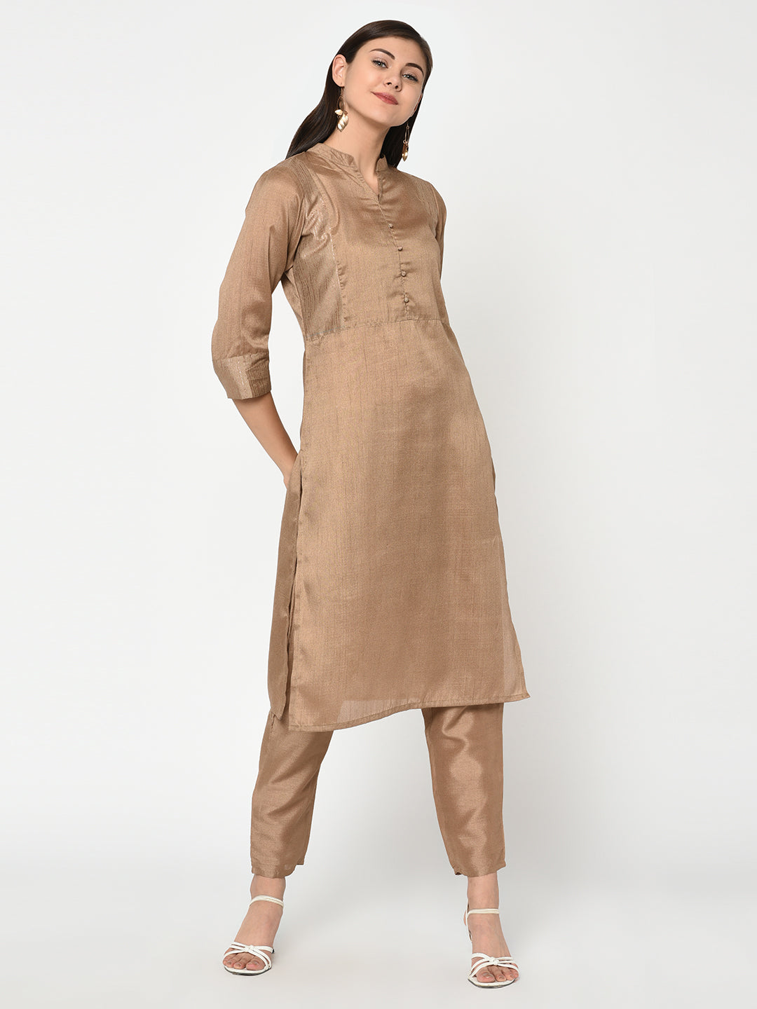 Women Brown Silk Kurta With Pant by Ziyaa (2pcs Set)