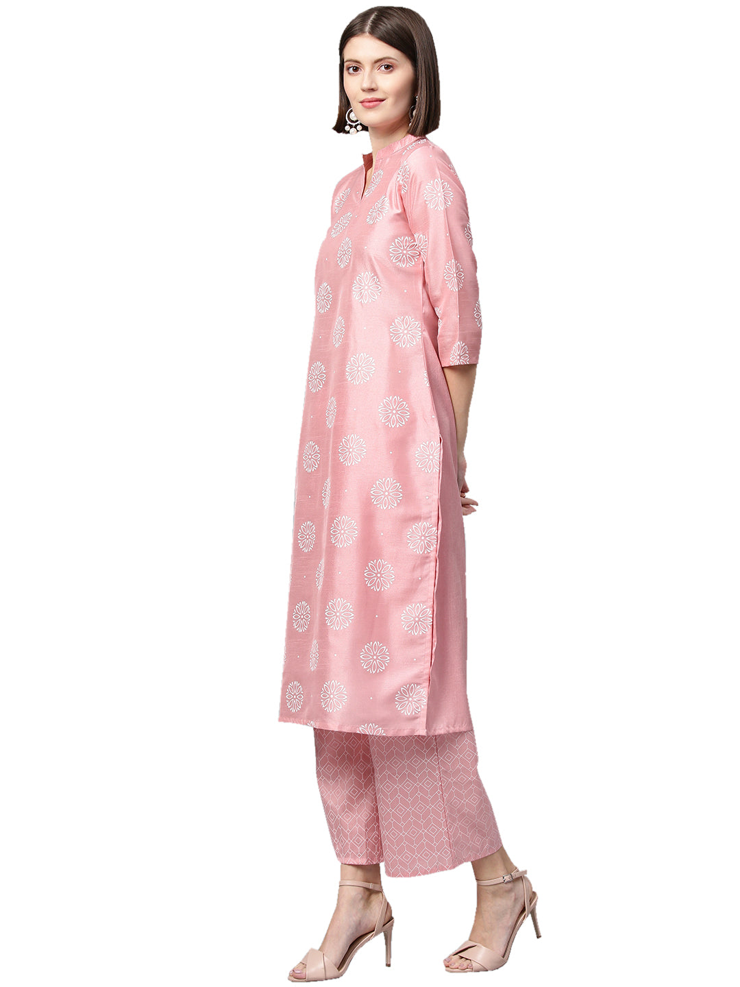 Women Pink Silk Kurta With Palazzo by Ziyaa (2pcs Set)