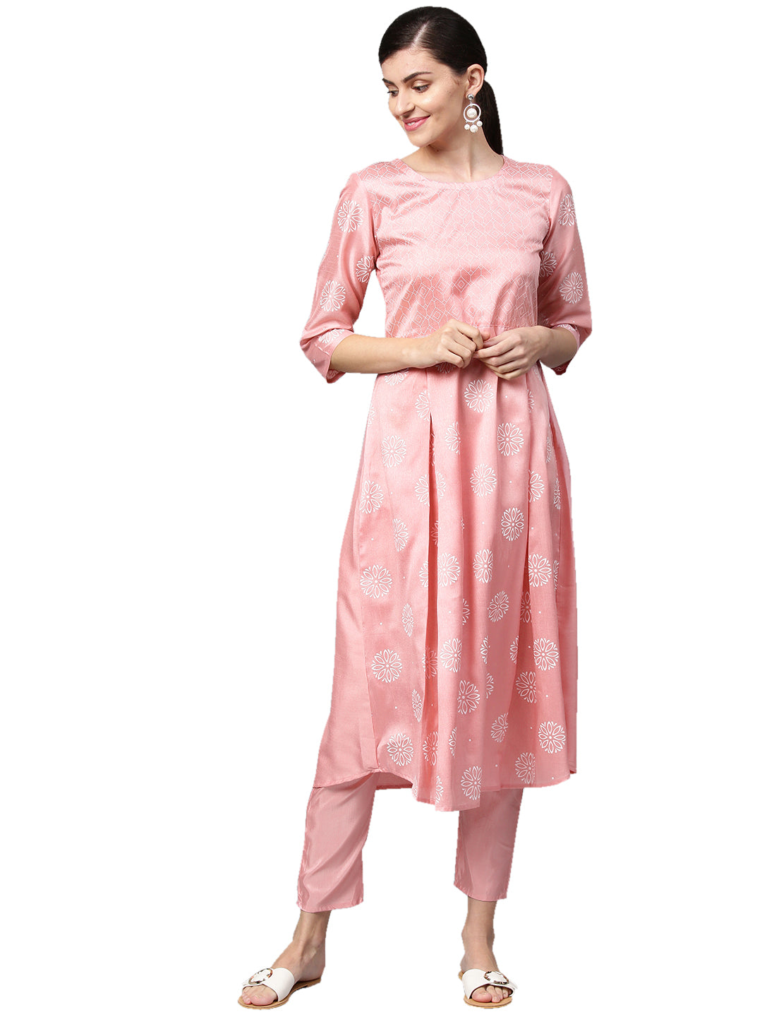 Women's Pink Poly Silk Kurta - Ziyaa