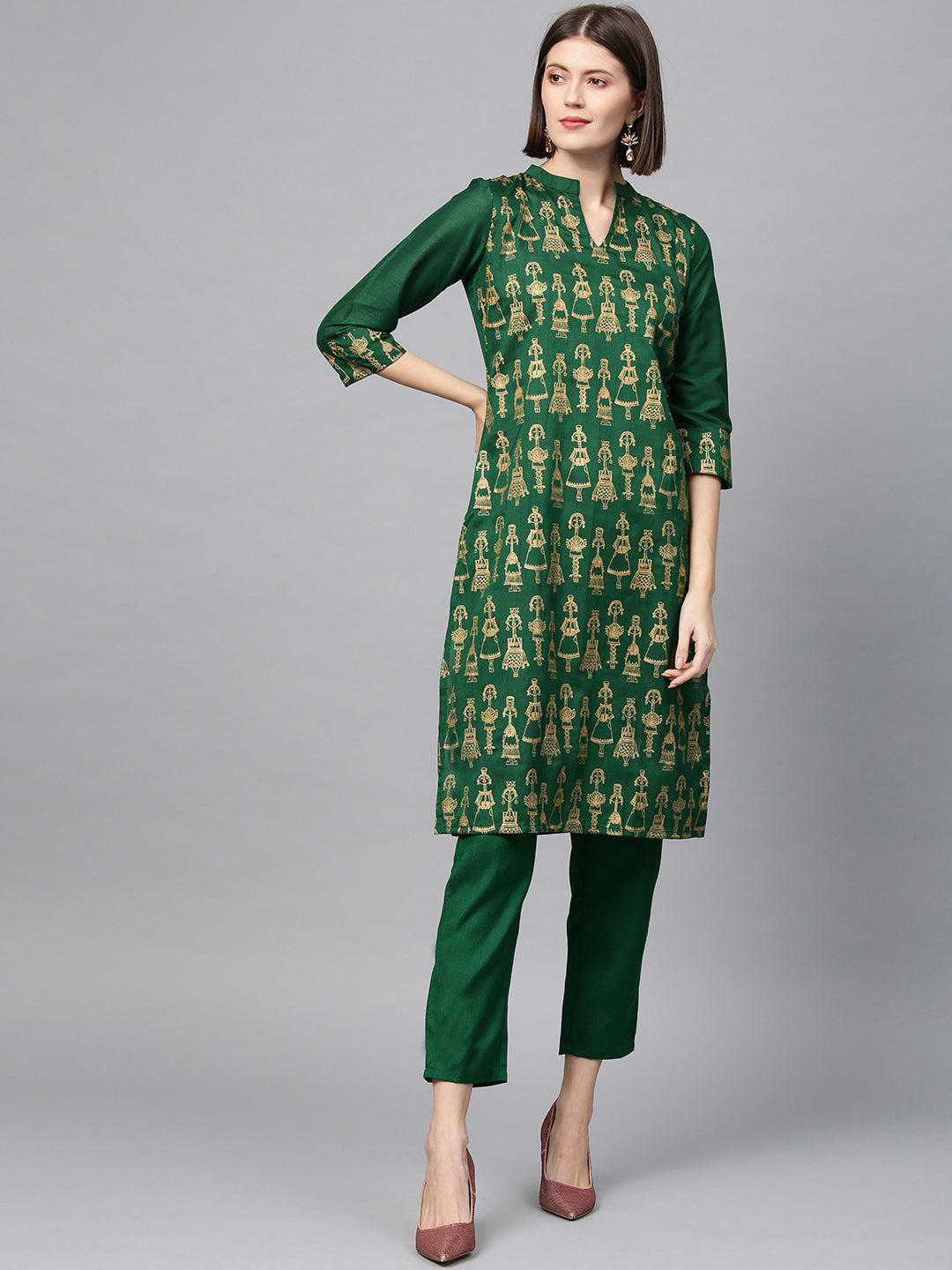 Women's Green Poly Silk Kurta And Pant Set - Ziyaa