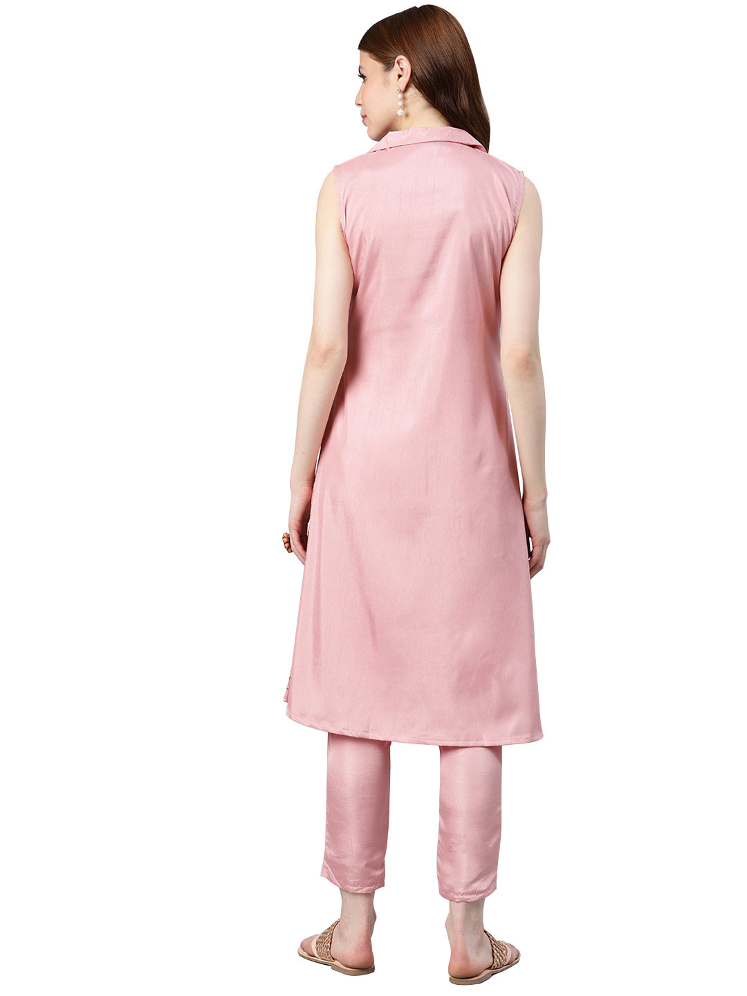 Women's Pink Poly Silk Kurta And Pant Set - Ziyaa