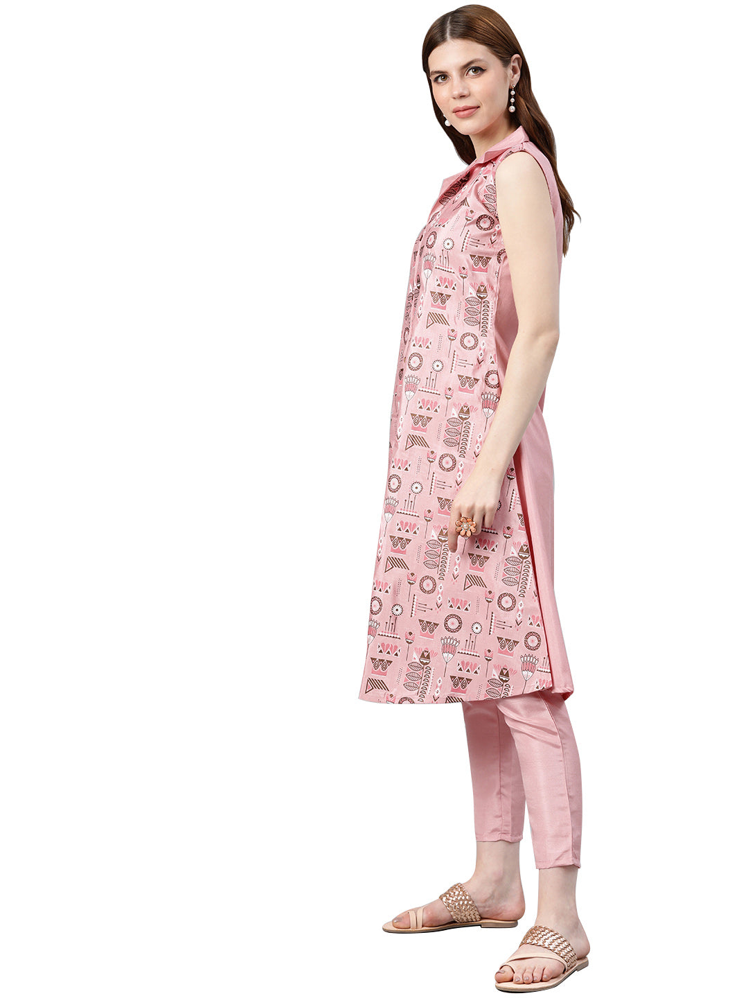 Women's Pink Poly Silk Kurta And Pant Set - Ziyaa