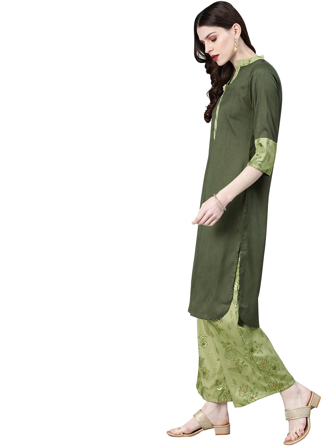 Women's Green Poly Silk Kurta And Palazzo Set - Ziyaa