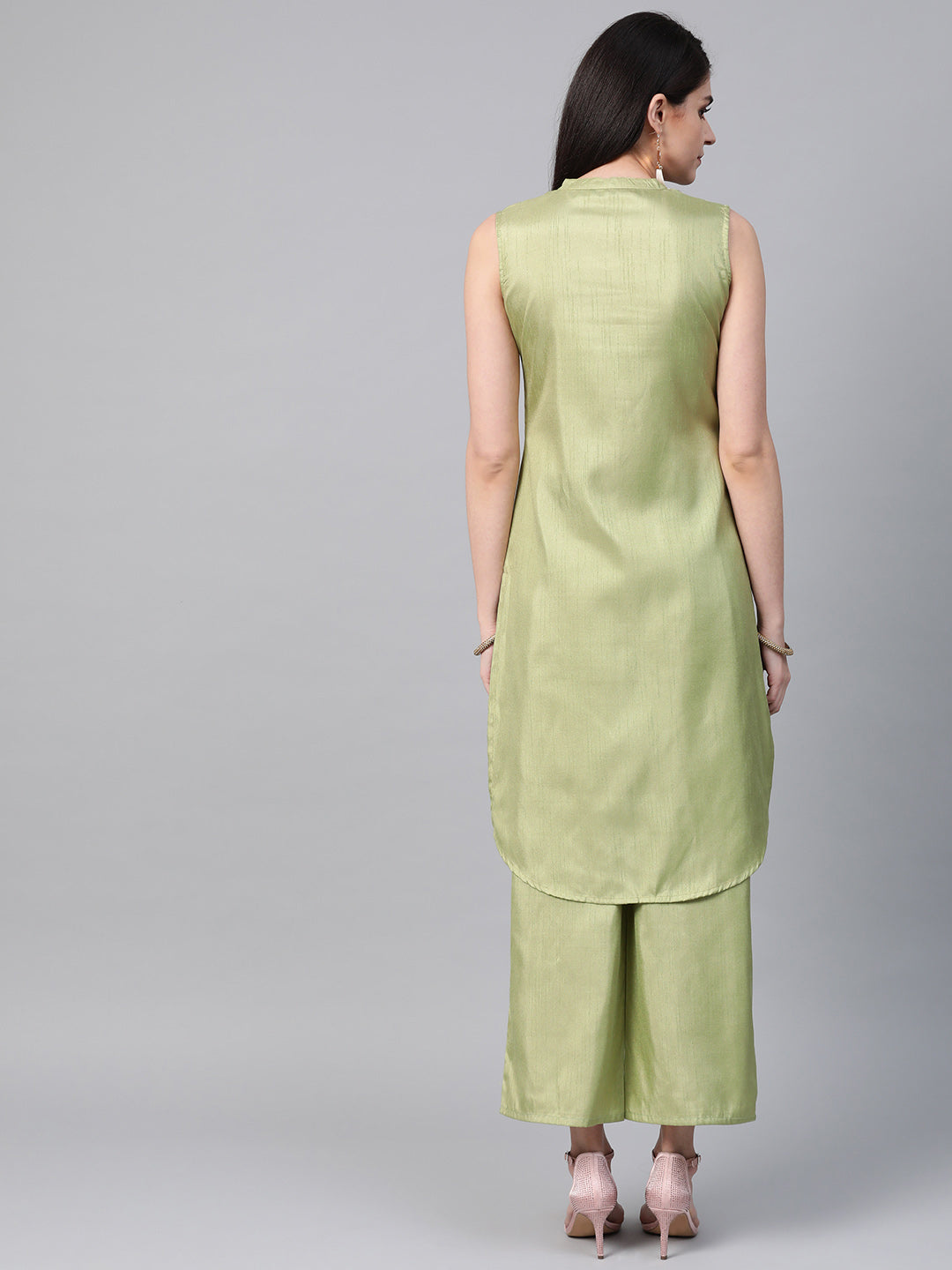 Women's Green Poly Silk Kurta And Palazzo Set - Ziyaa