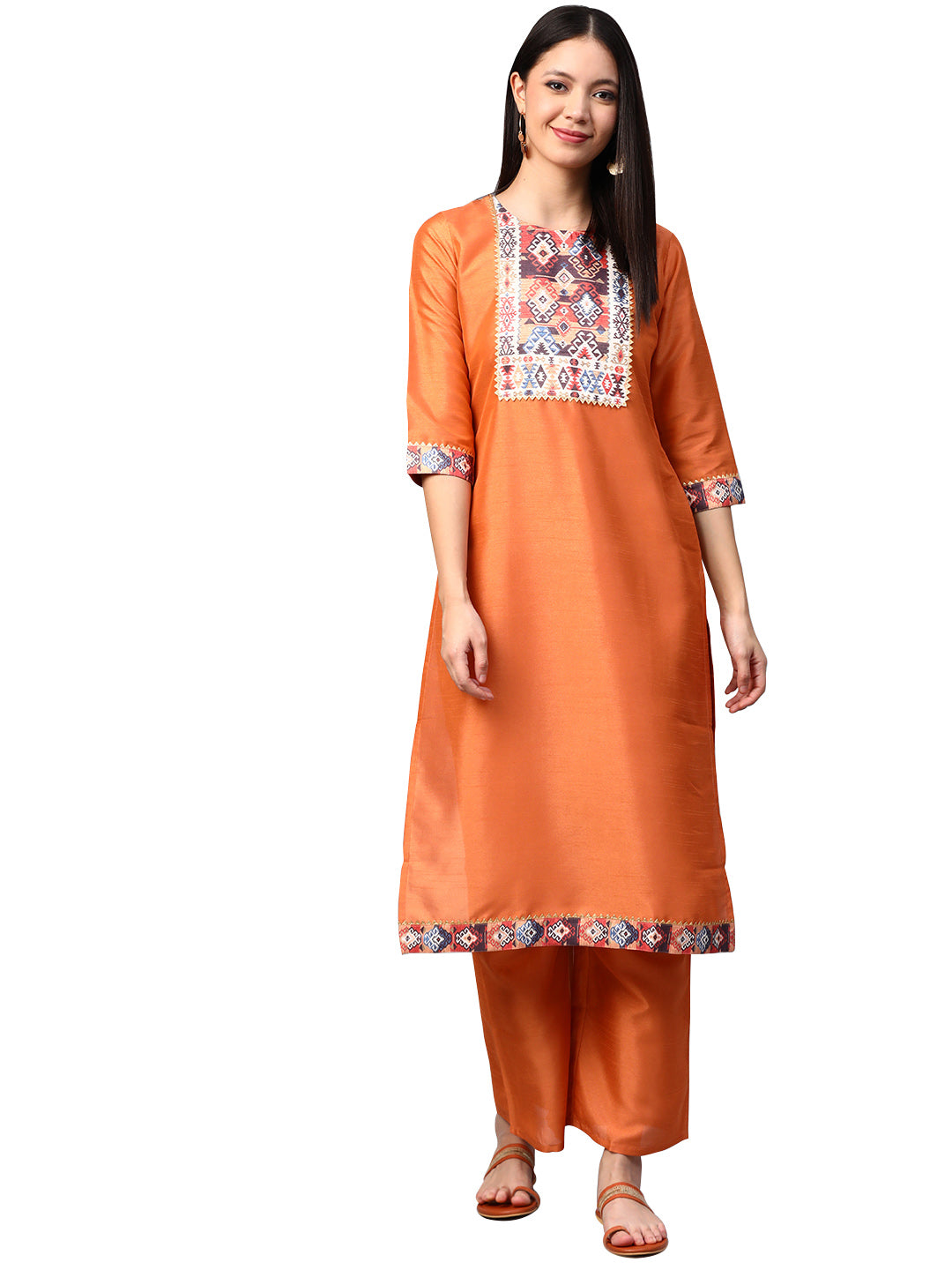 Women's Orange Poly Silk Kurta - Ziyaa