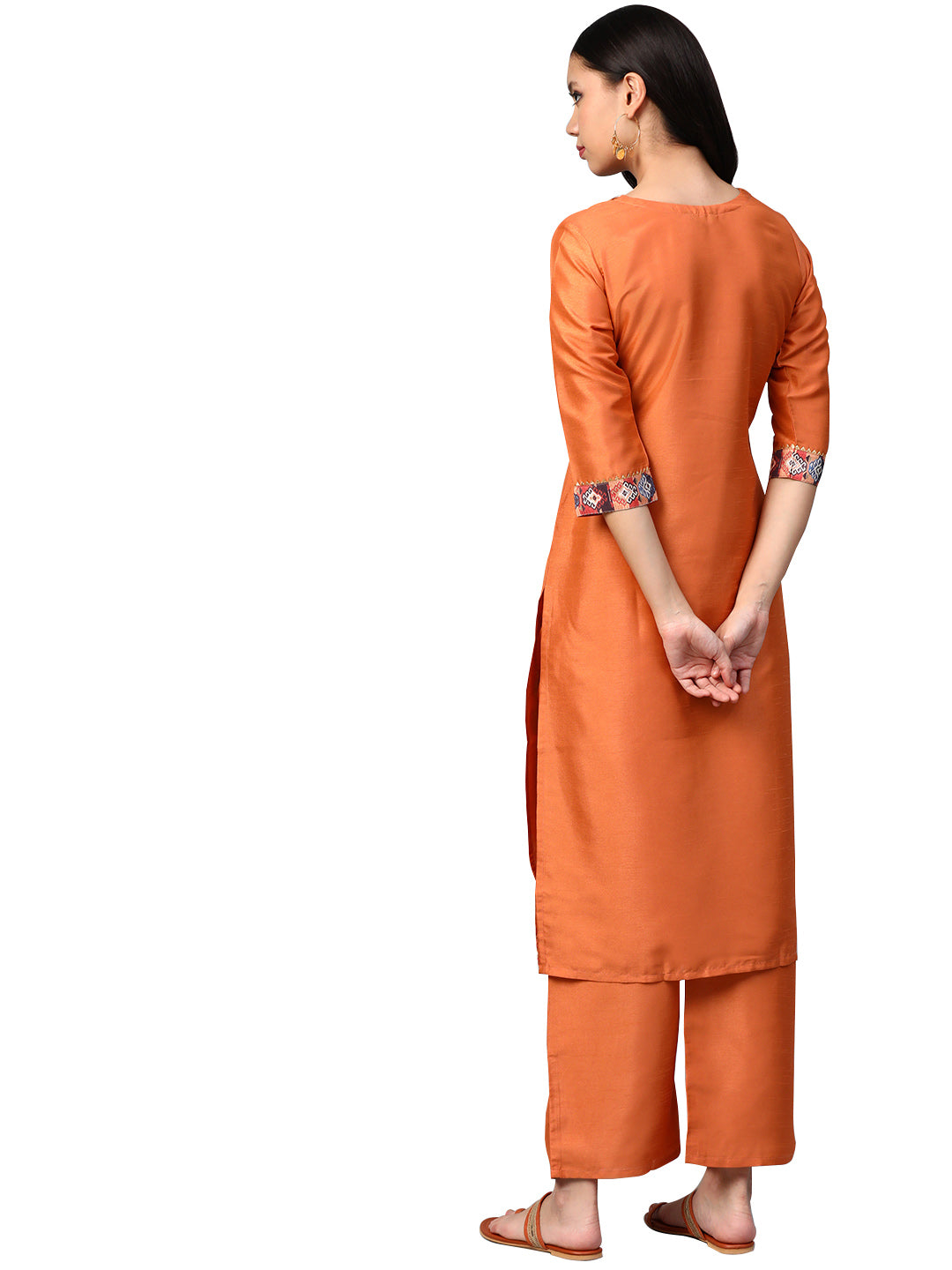 Women's Orange Poly Silk Kurta And Palazzo Set - Ziyaa