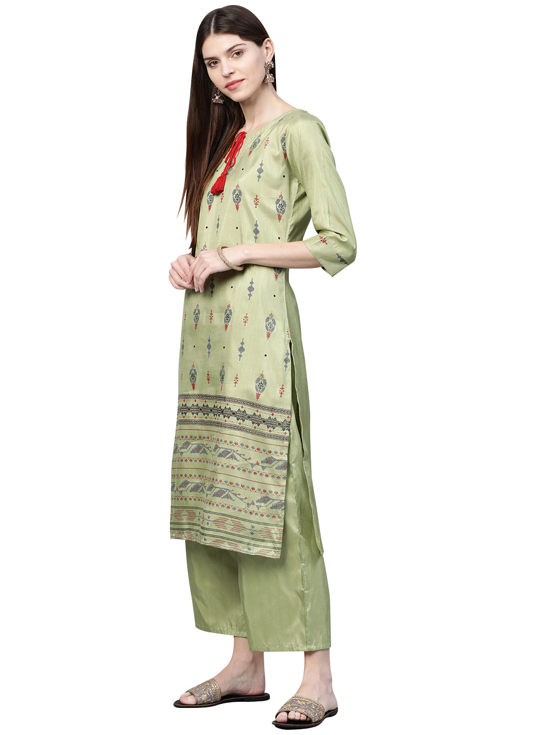 Women Green Printed Silk Kurta by Ziyaa (1pc)
