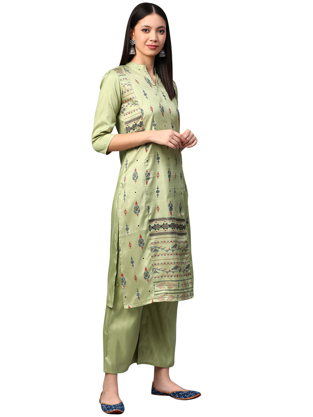 Women's Green Poly Silk Kurta And Pant Set - Ziyaa