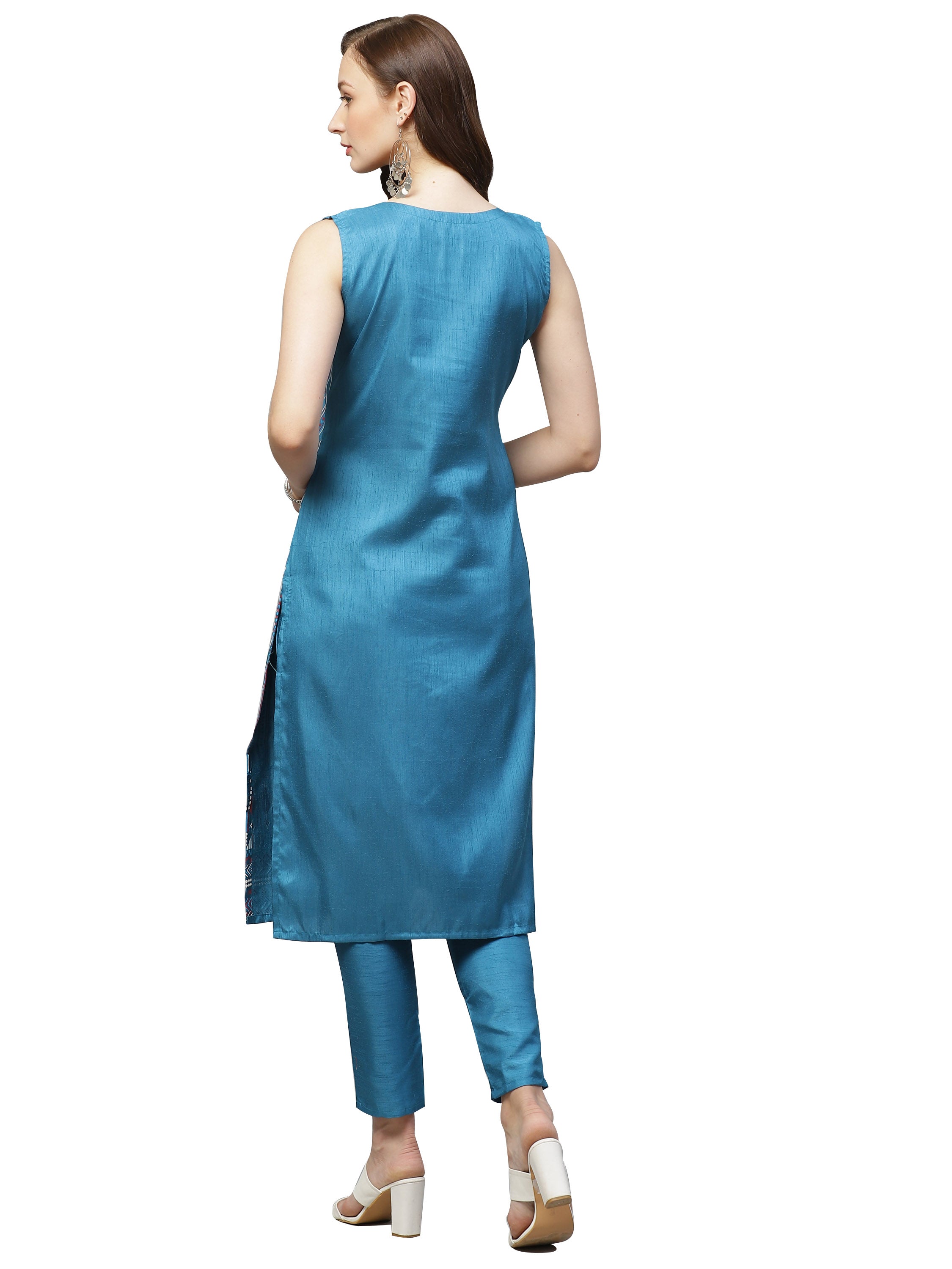 Women's Blue Poly Silk Kurta And Pant Set - Ziyaa