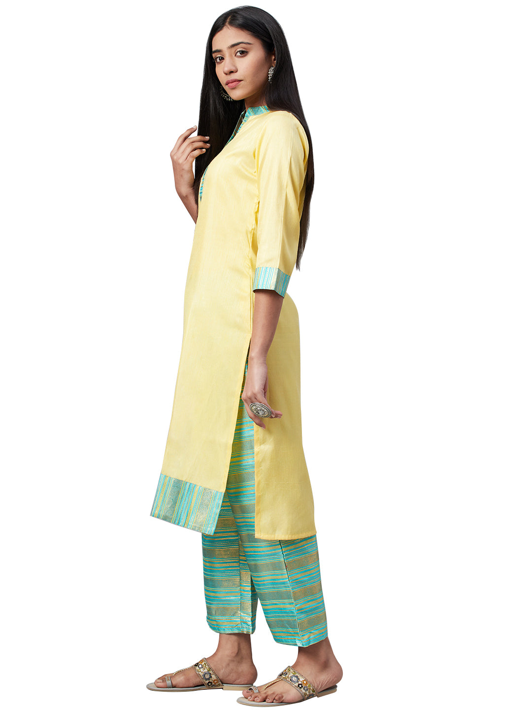 Women's Yellow Poly Silk Kurta - Ziyaa