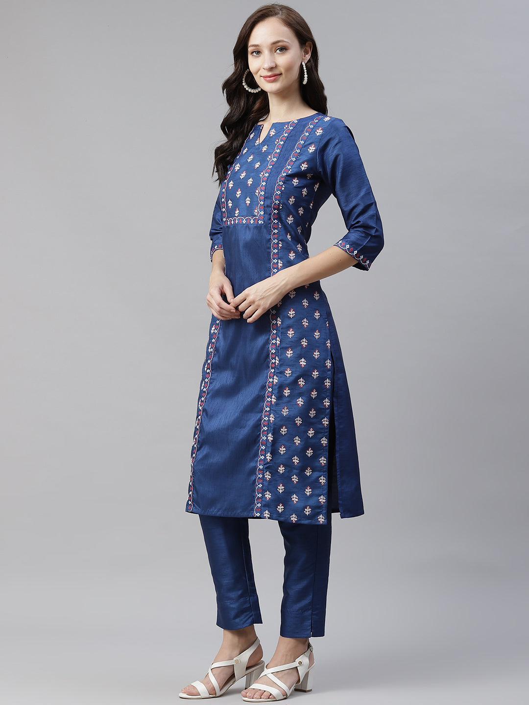 Women Blue Printed Silk Kurta and Pant Set by Ziya (2 Pc Set)