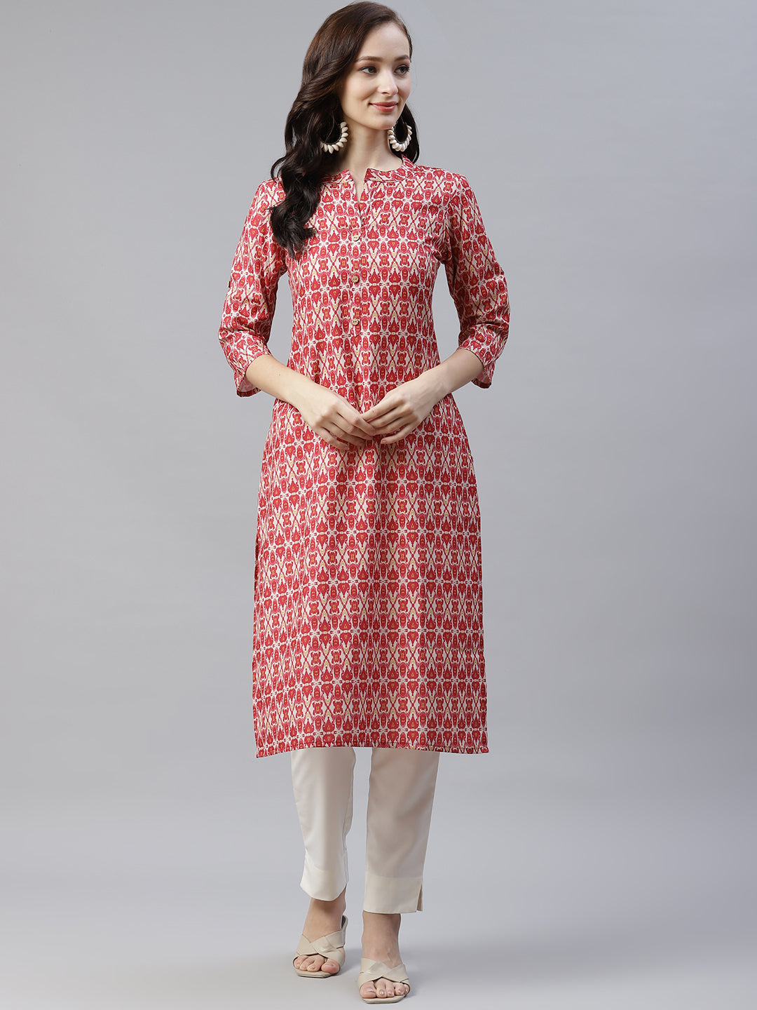 Women's Red Printed Kurta And White Pants by Ziyaa- (2pcs set)