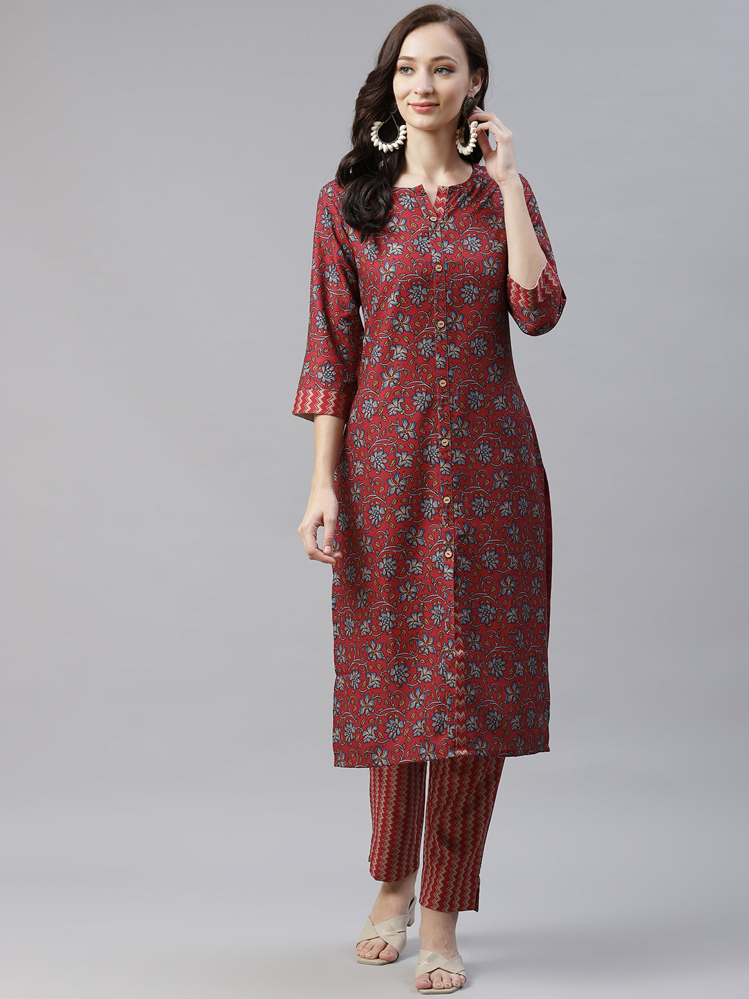 Women's Maroon Printed Kurta And Pants by Ziyaa-(2pcs set)