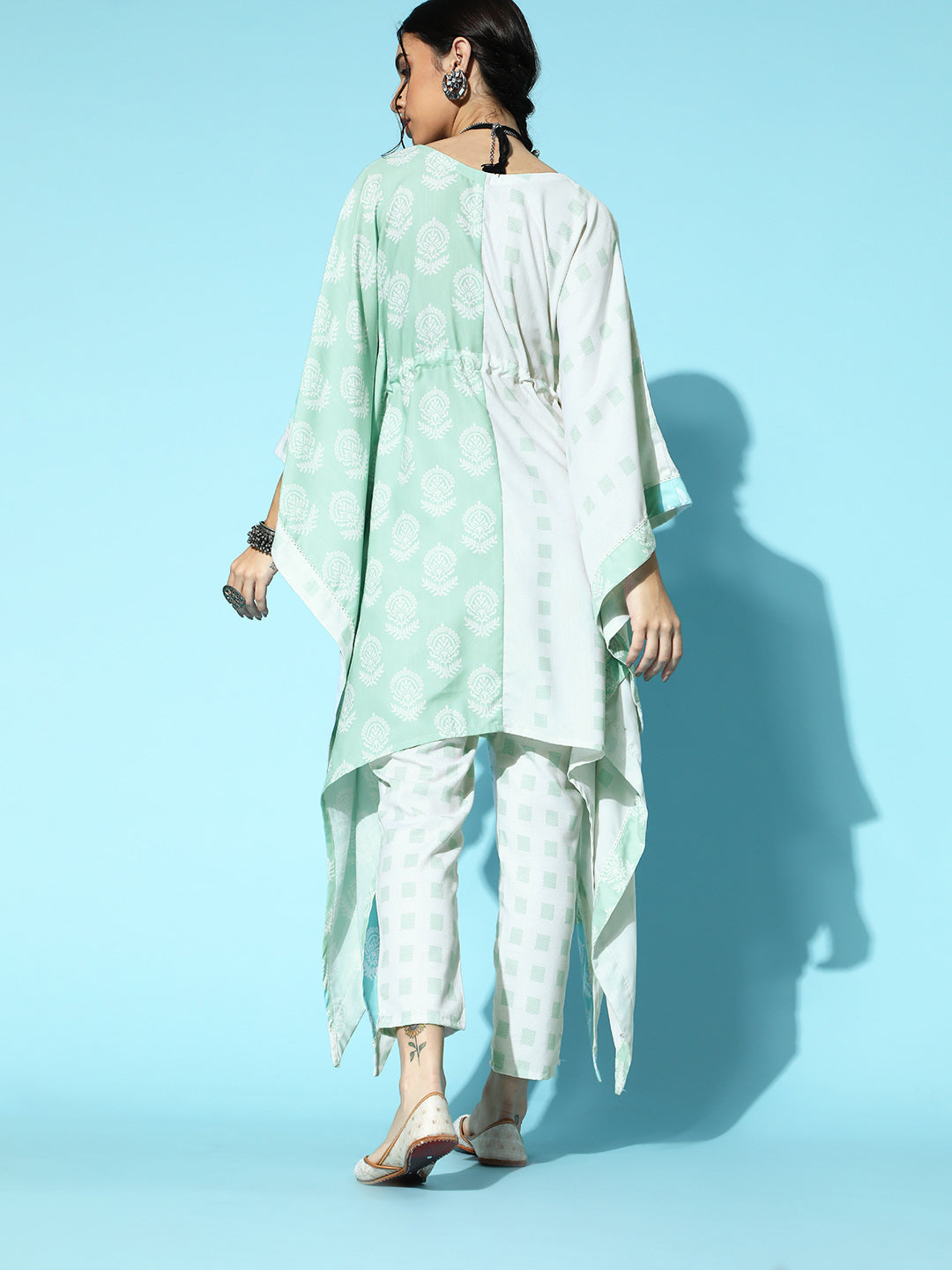 Women's Cream Color Block Print Kaftan Style Kurta And Pant Set - Ziyaa