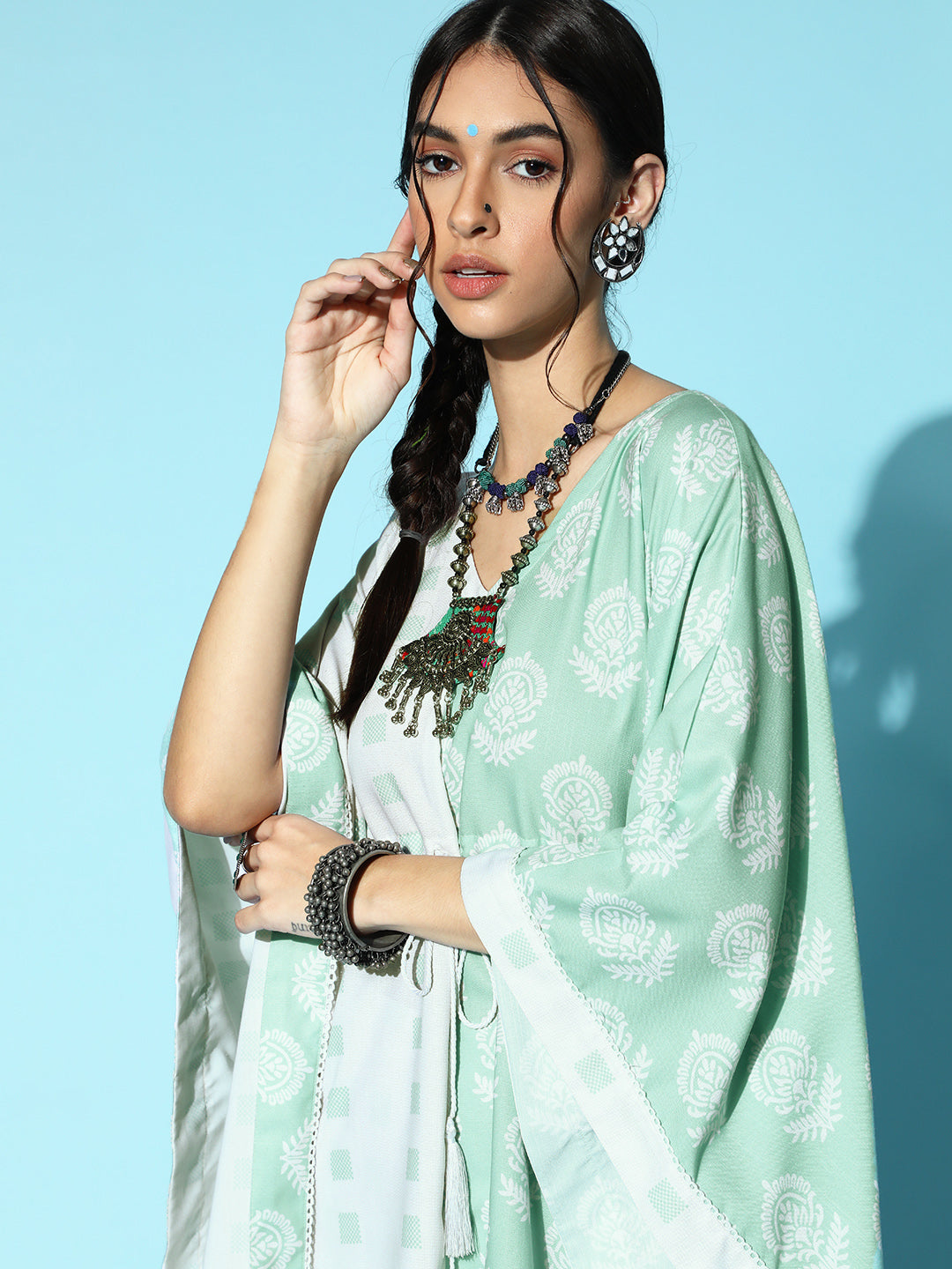 Women's Cream Color Block Print Kaftan Style Kurta And Pant Set - Ziyaa