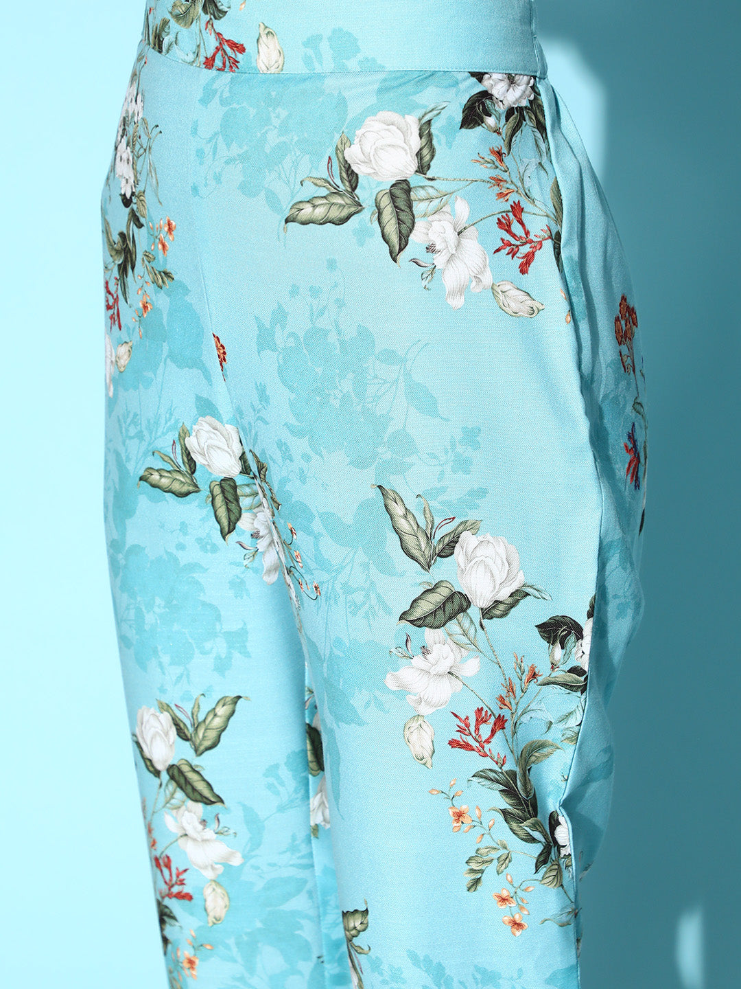 Women's Sky Blue Rayon Digital Print Flared Kurta And Pant Set by Ziyaa (2pc Set)