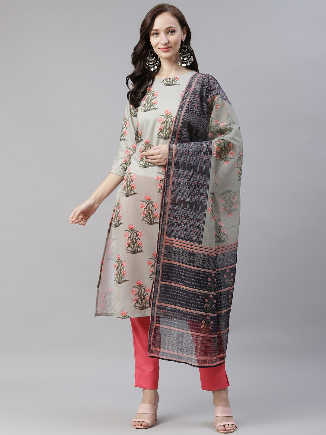 Women Grey Printed Straight Kurta with Pant and Dupatta Set by Ziyaa (3 Pc Set)