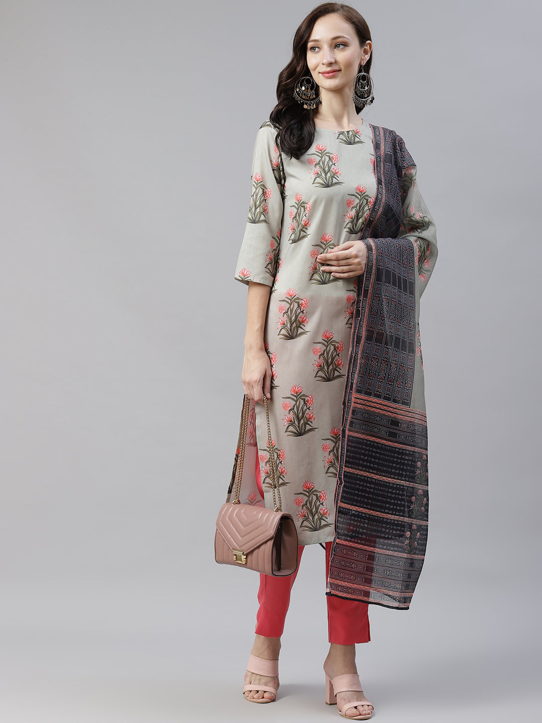 Women Grey Printed Straight Kurta with Pant and Dupatta Set by Ziyaa (3 Pc Set)